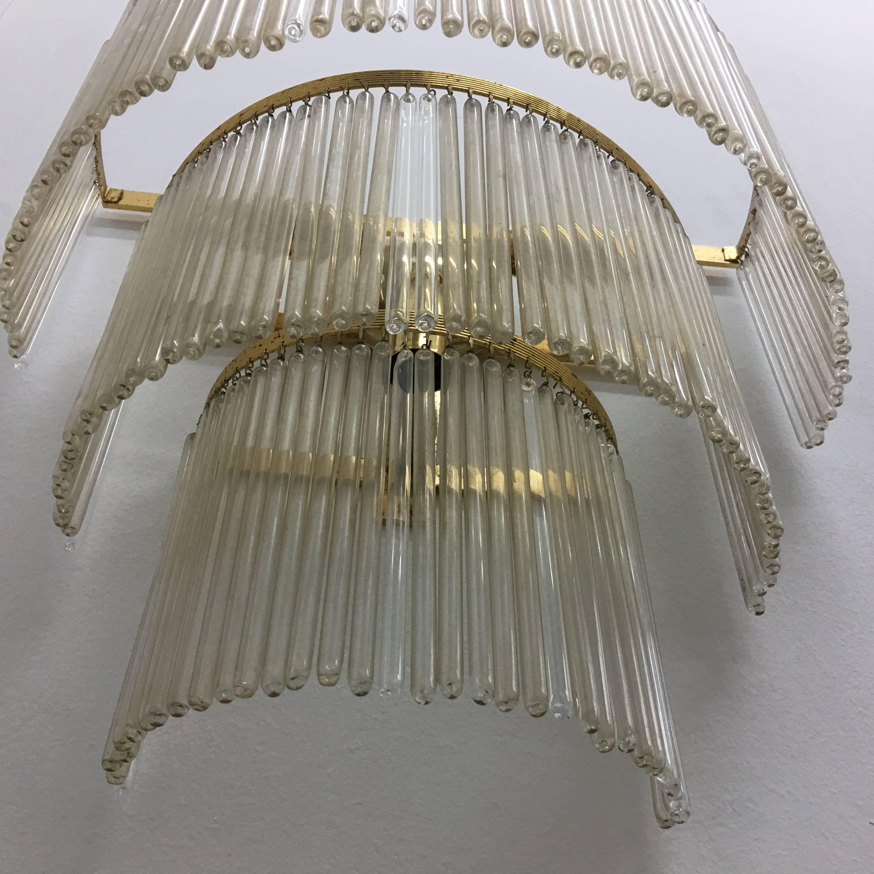 Italian 1950s Mid-Century Modern Brass and Glass Huge Wall Sconce For Sale