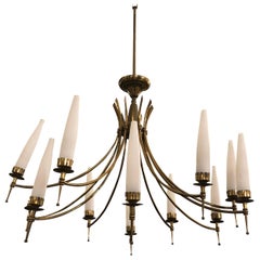Mid-Century Modern Brass and Glass Twelve Lights Italian Chandelier, circa 1950 Mid-Century Modern Brass and Glass Twelve Lights Italian Chandelier, circa 1950