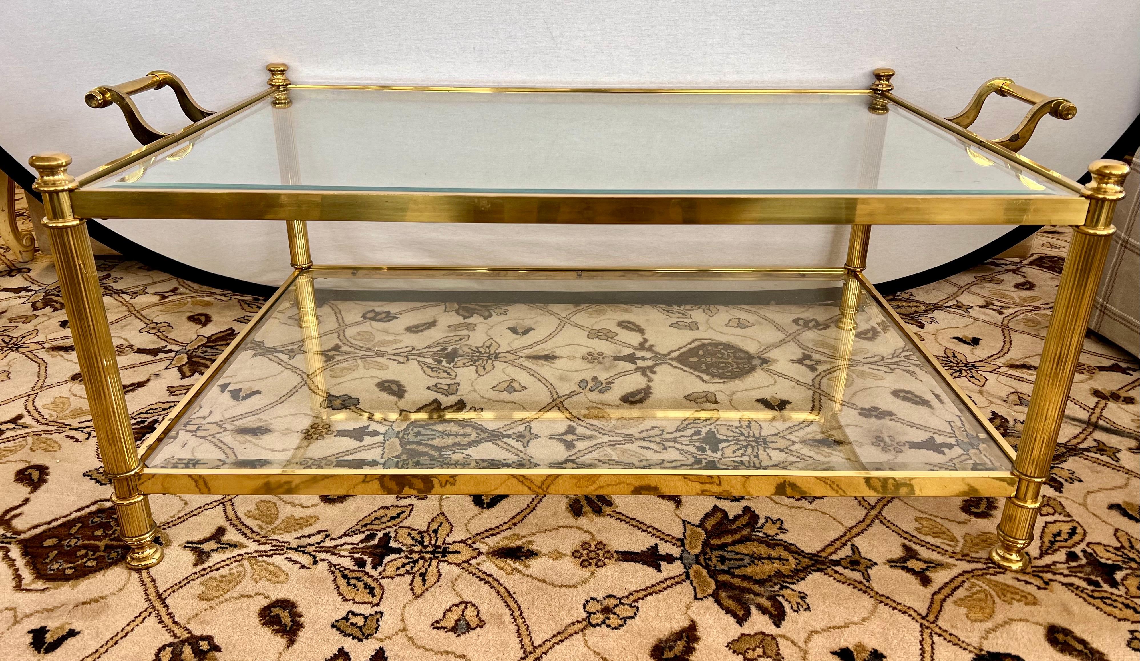 Mid-Century Modern Mid Century Modern Brass and Glass Two-Tiered Cocktail Coffee Table with Handles