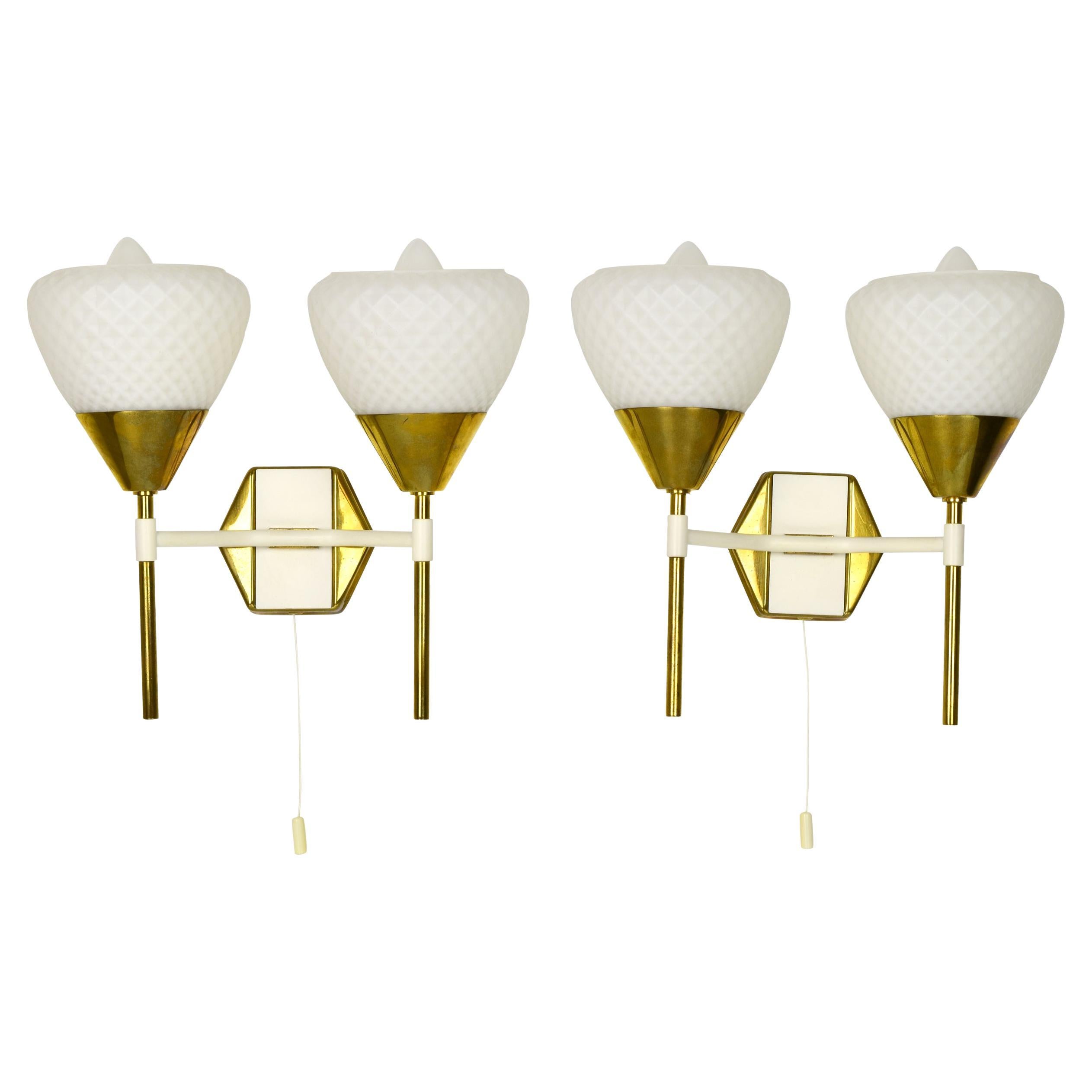 Mid-Century Modern Brass and Glass Wall Sconces with Diamond Pattern Shades