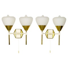 Vintage Mid-Century Modern Brass and Glass Wall Sconces with Diamond Pattern Shades