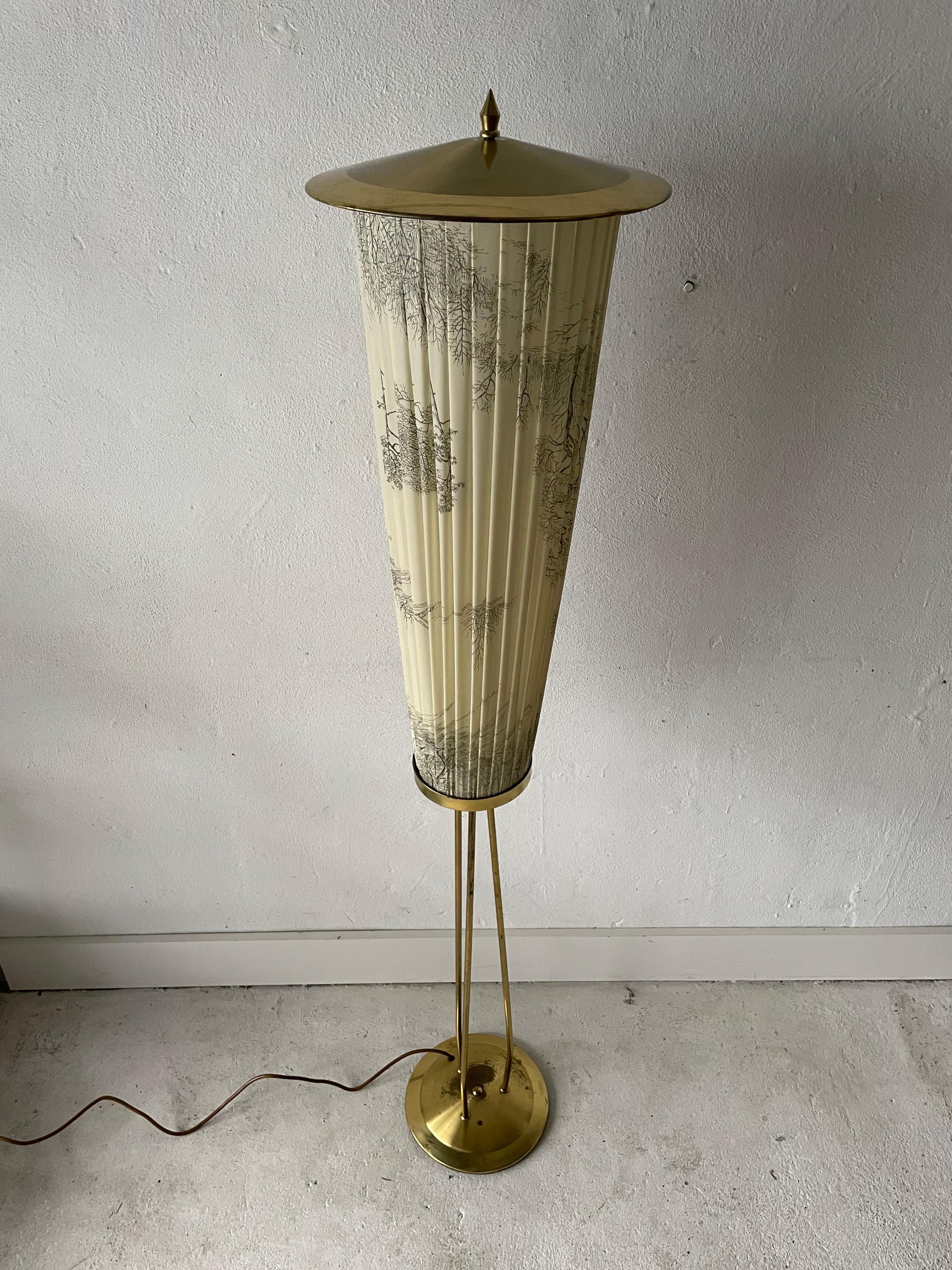 Mid-20th Century Mid-Century Modern Brass and Illustrated Fabric Floor Lamp, 1950s, Germany For Sale