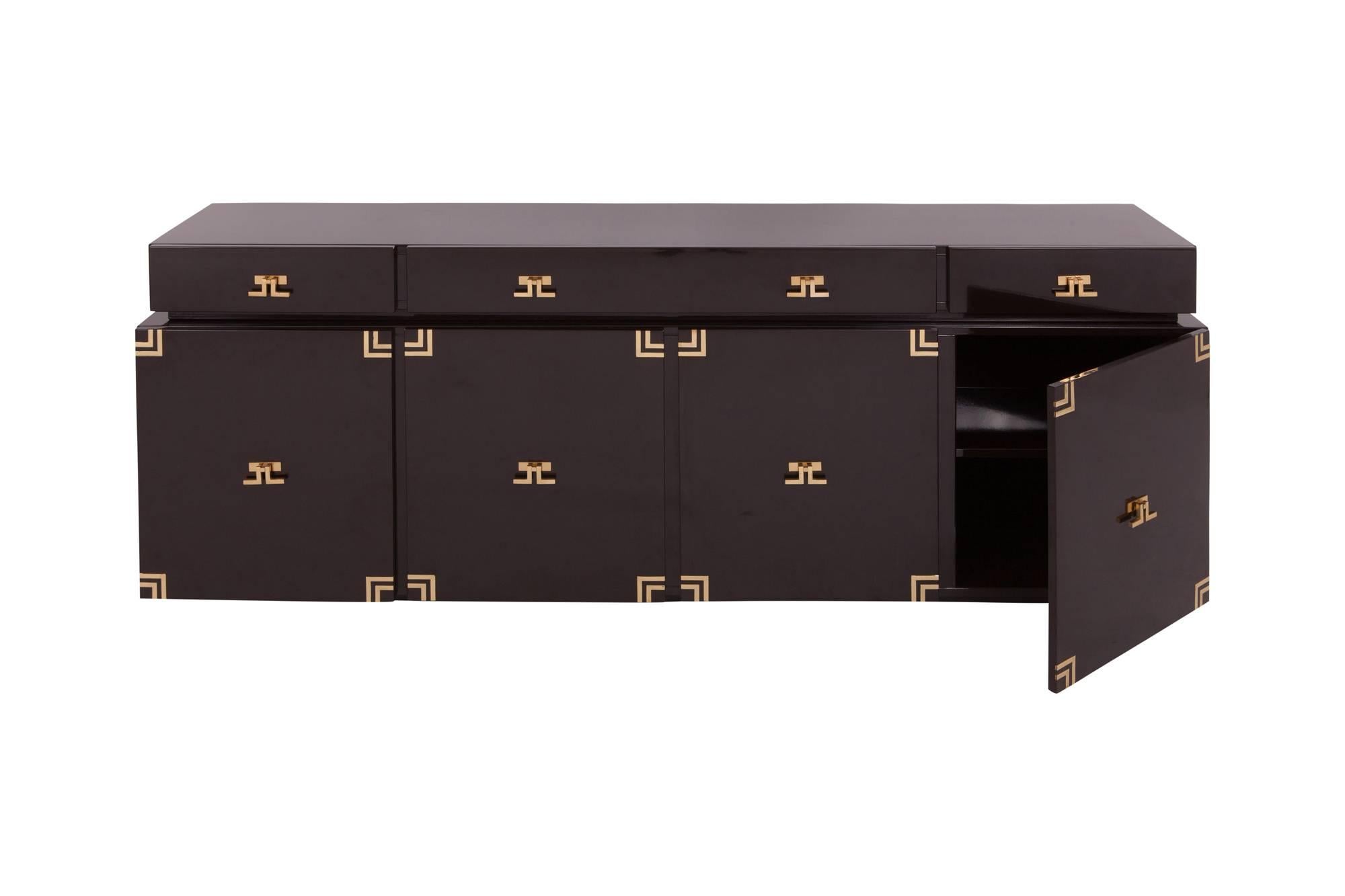 Lacquered Mid-Century Modern Brass and Lacquer Credenza, France, 1960s