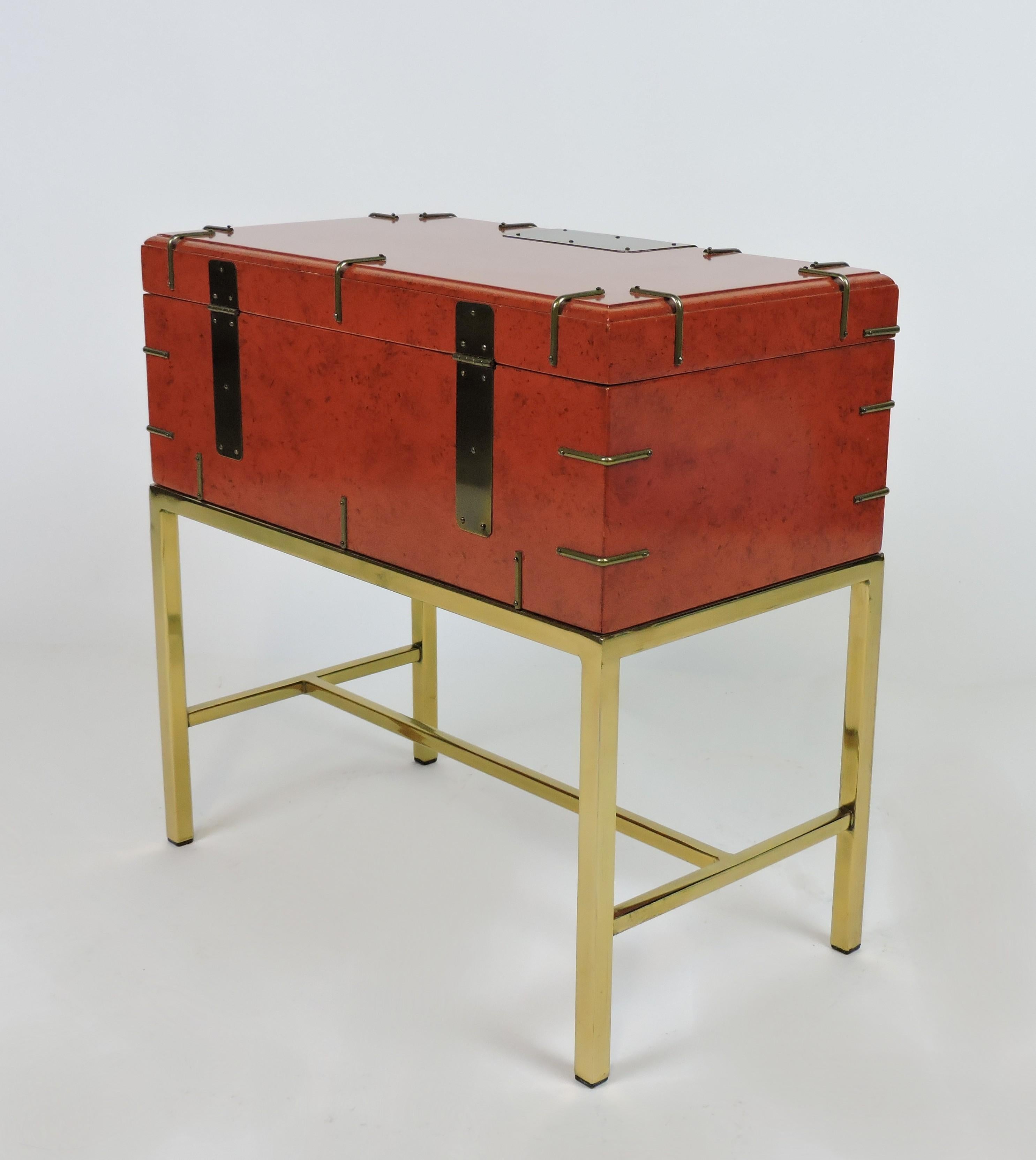 Late 20th Century Mid Century Modern Brass and Lacquer Vintage Campaign Style Chest or End Table