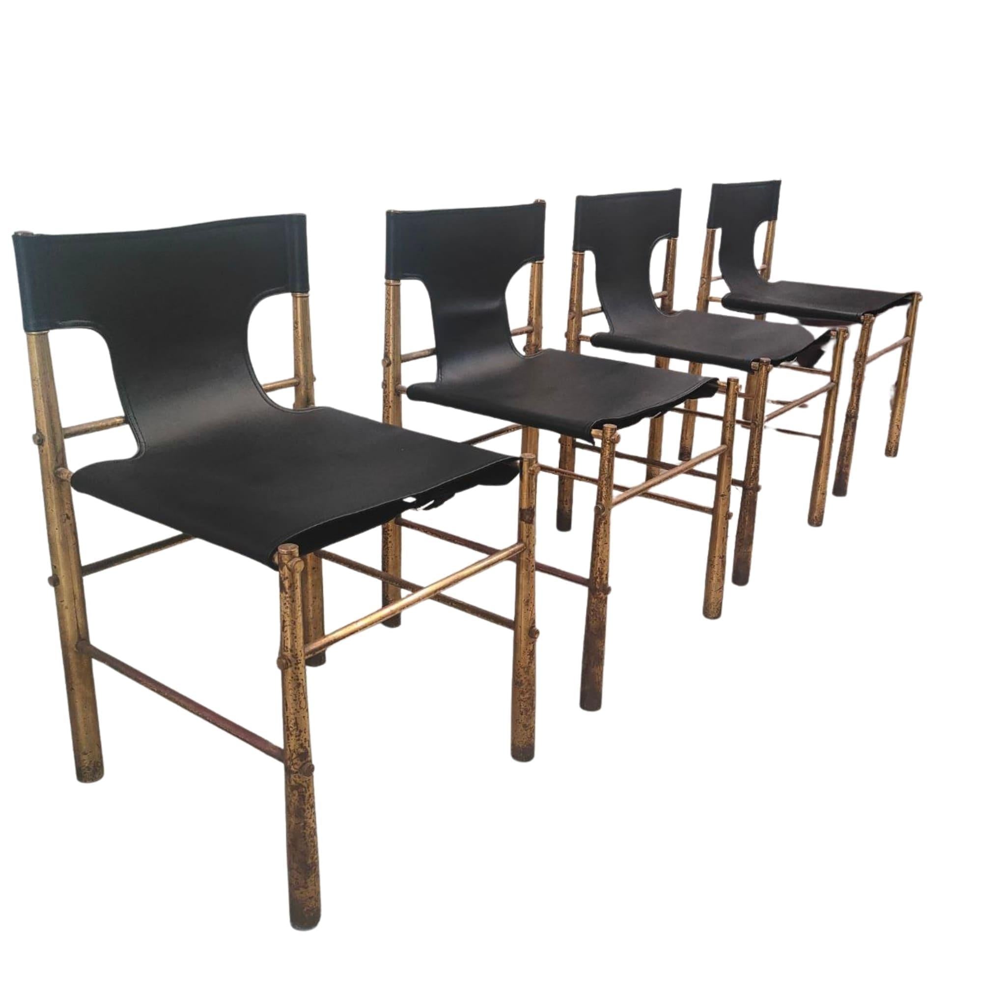 Sedie moderne di metà secolo in ottone e pelle, anni '70 in stile Frigerio, Italia in vendita 1