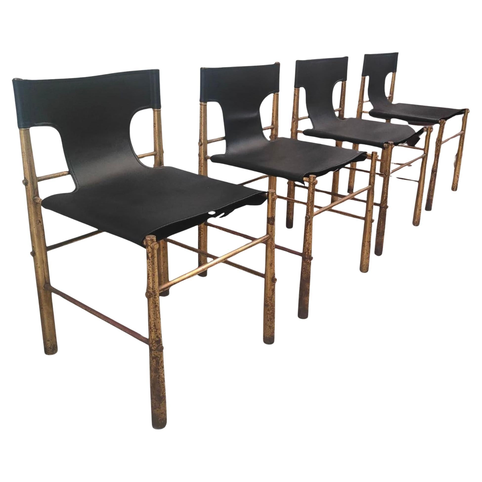 Sedie moderne di metà secolo in ottone e pelle, anni '70 in stile Frigerio, Italia in vendita