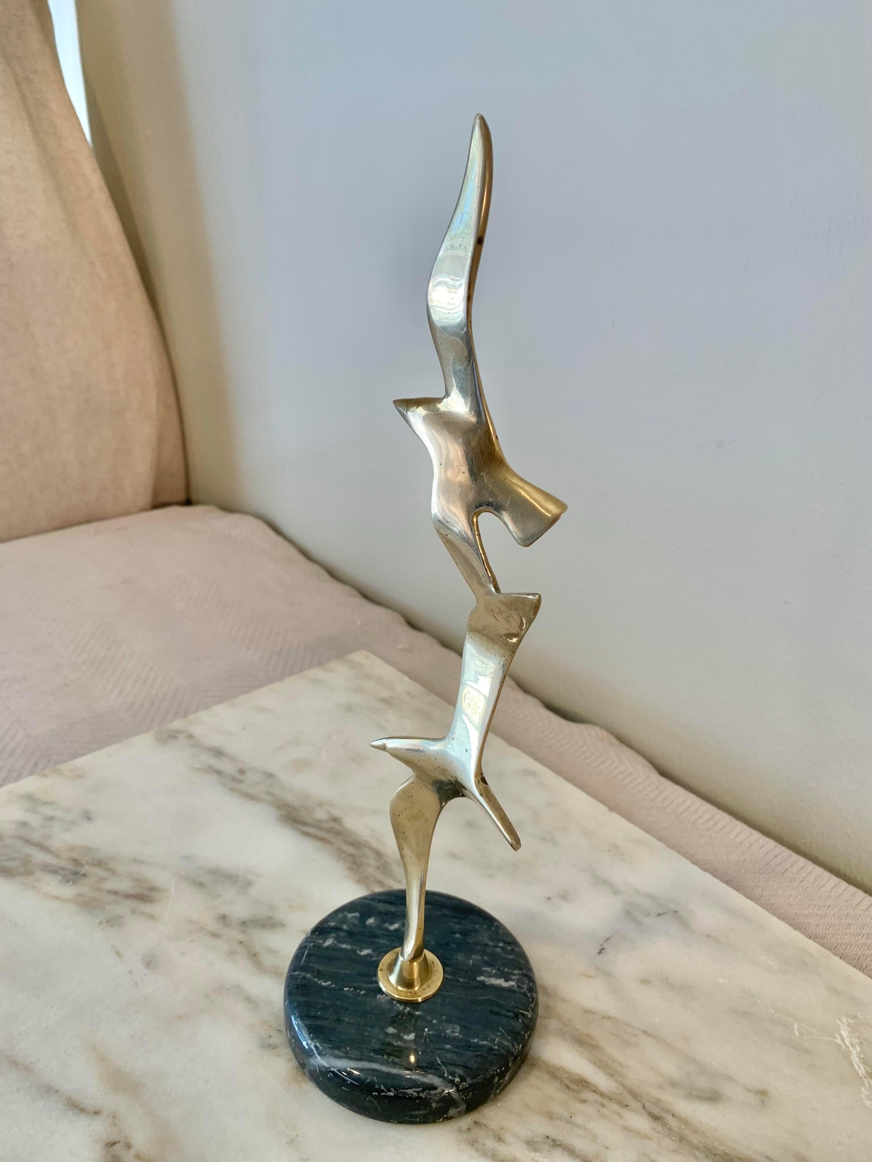 North American Mid Century Modern Brass and Marble Seagulls in Flight Sculpture
