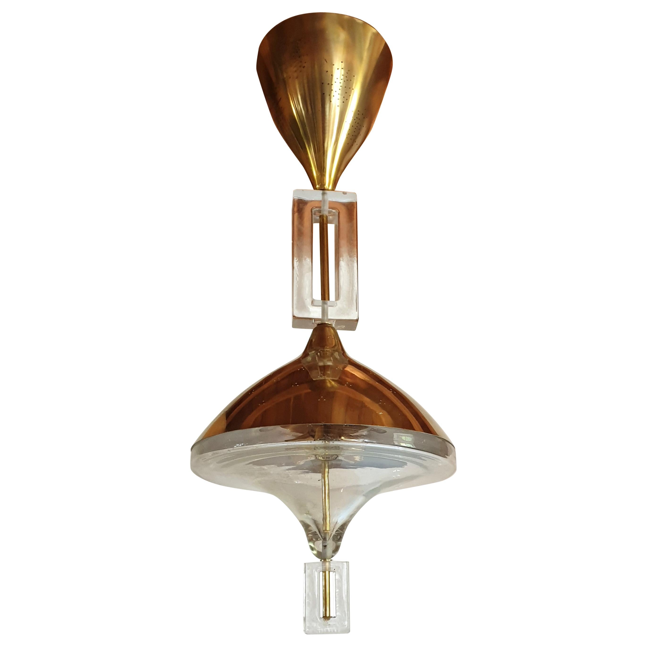 Mid-Century Modern Brass and Murano Clear Glass Chandelier, Seguso Style, 1970s