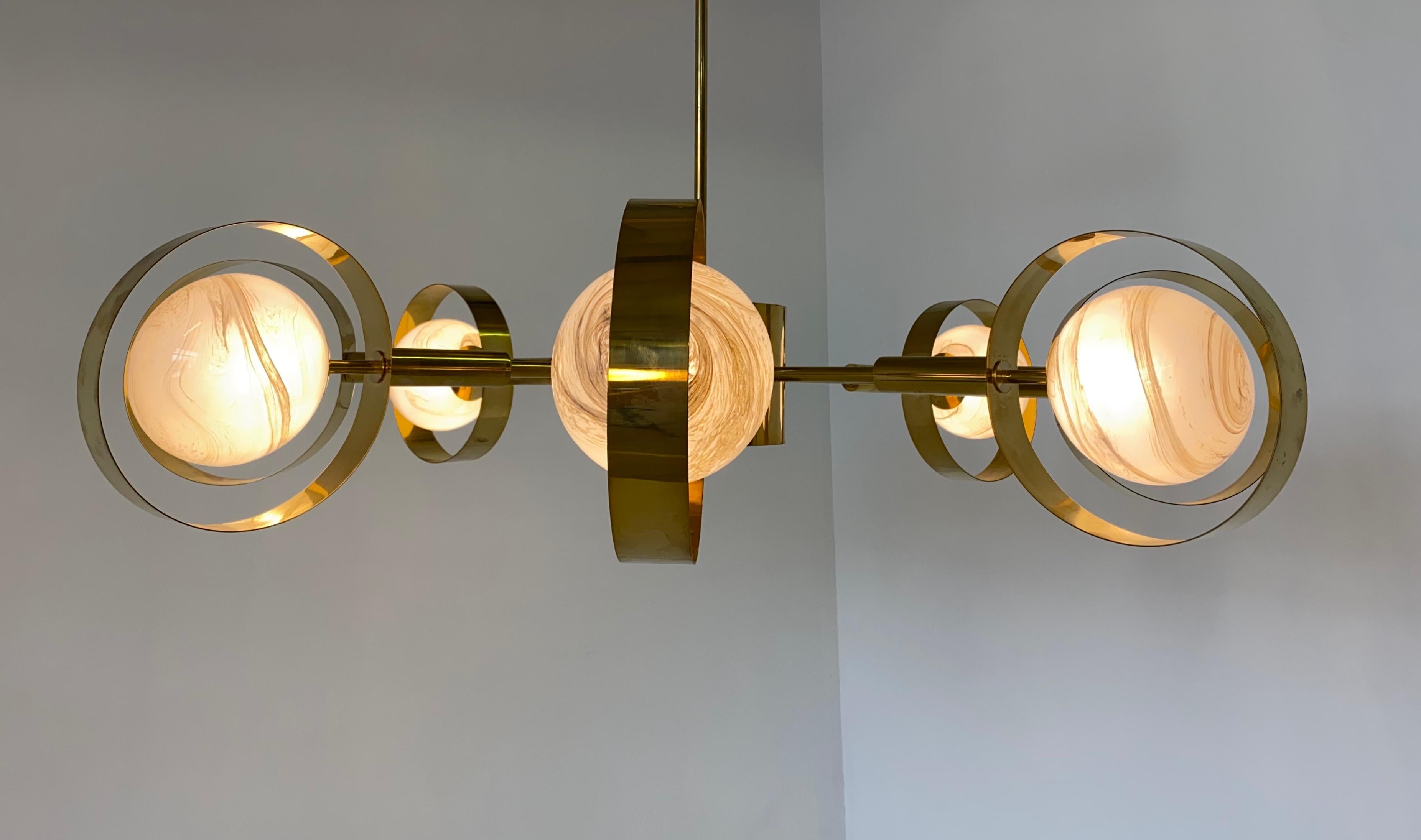 Contemporary Mid-Century Modern Brass and Murano Glass Chandelier