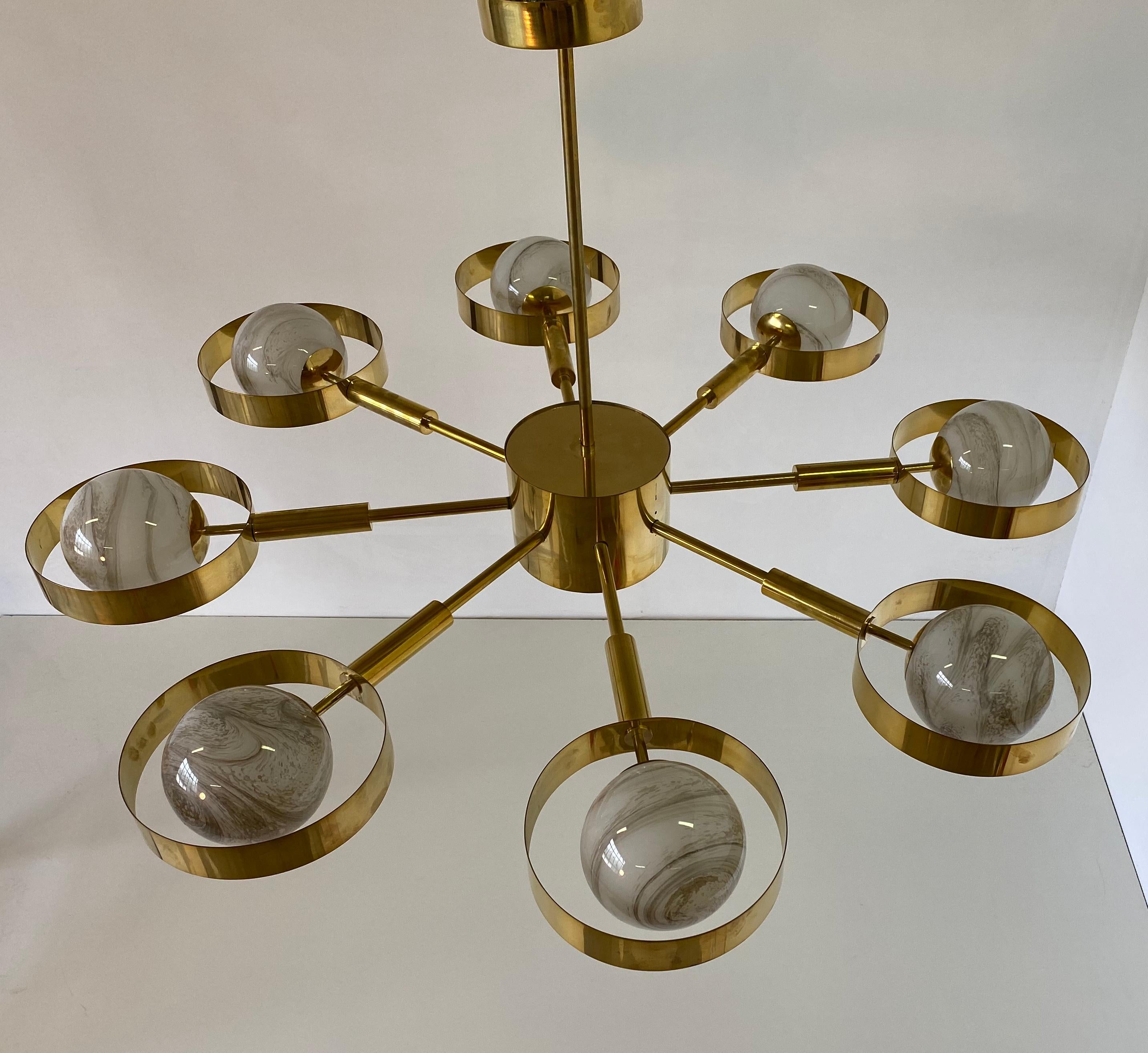 Mid-Century Modern Brass and Murano Glass Chandelier 4