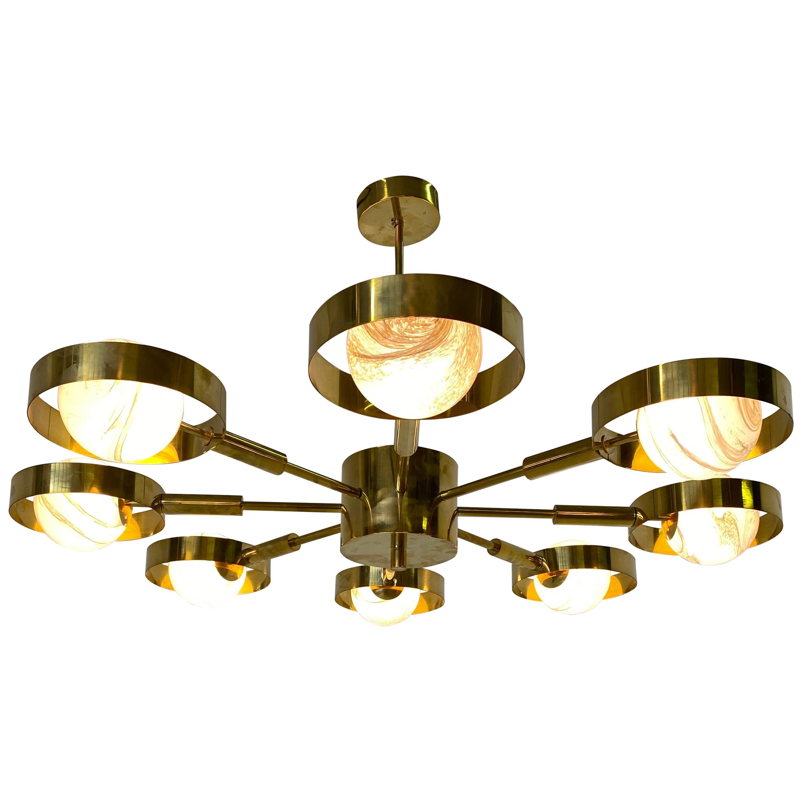 MidCentury Modern Brass and Murano Glass Chandelier at 1stDibs