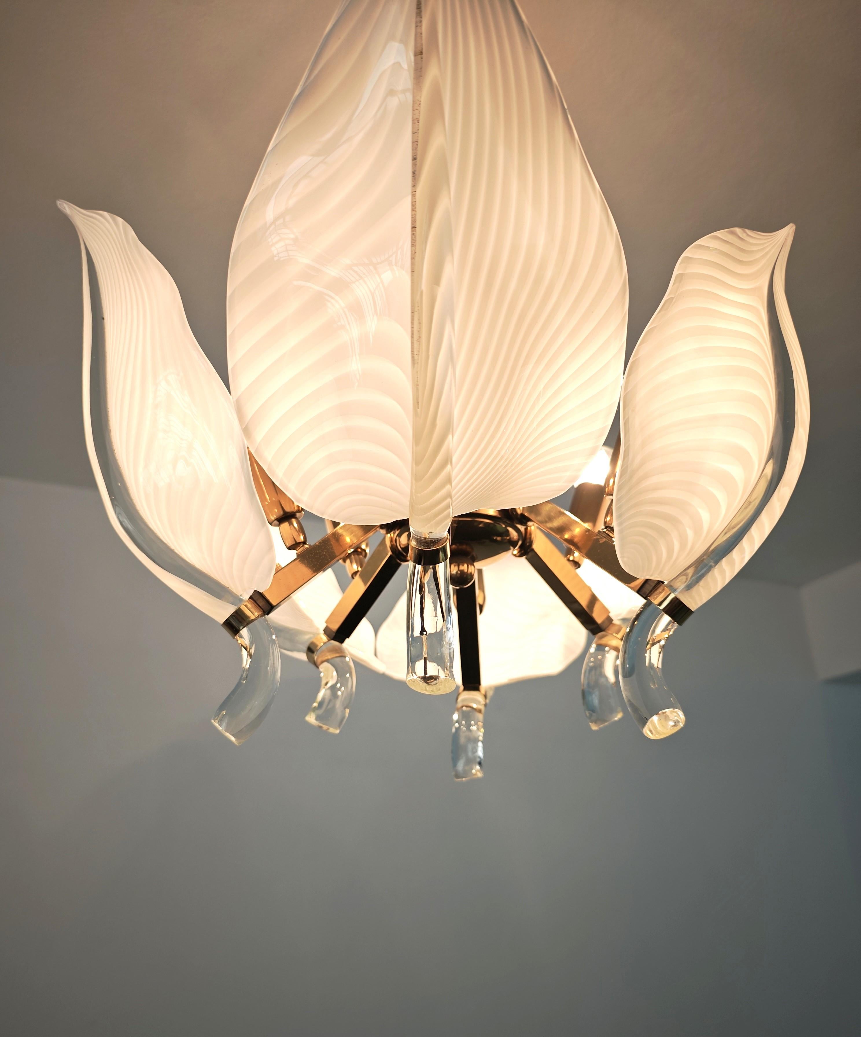 Lampadario a foglie in ottone e vetro di Murano della metà del secolo scorso Franco Luce Italia 70 in vendita 7