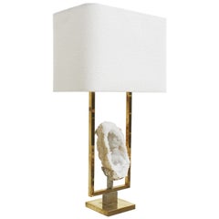 Vintage Mid-Century Modern Brass and Natural Stone French Table Lamp, 1970