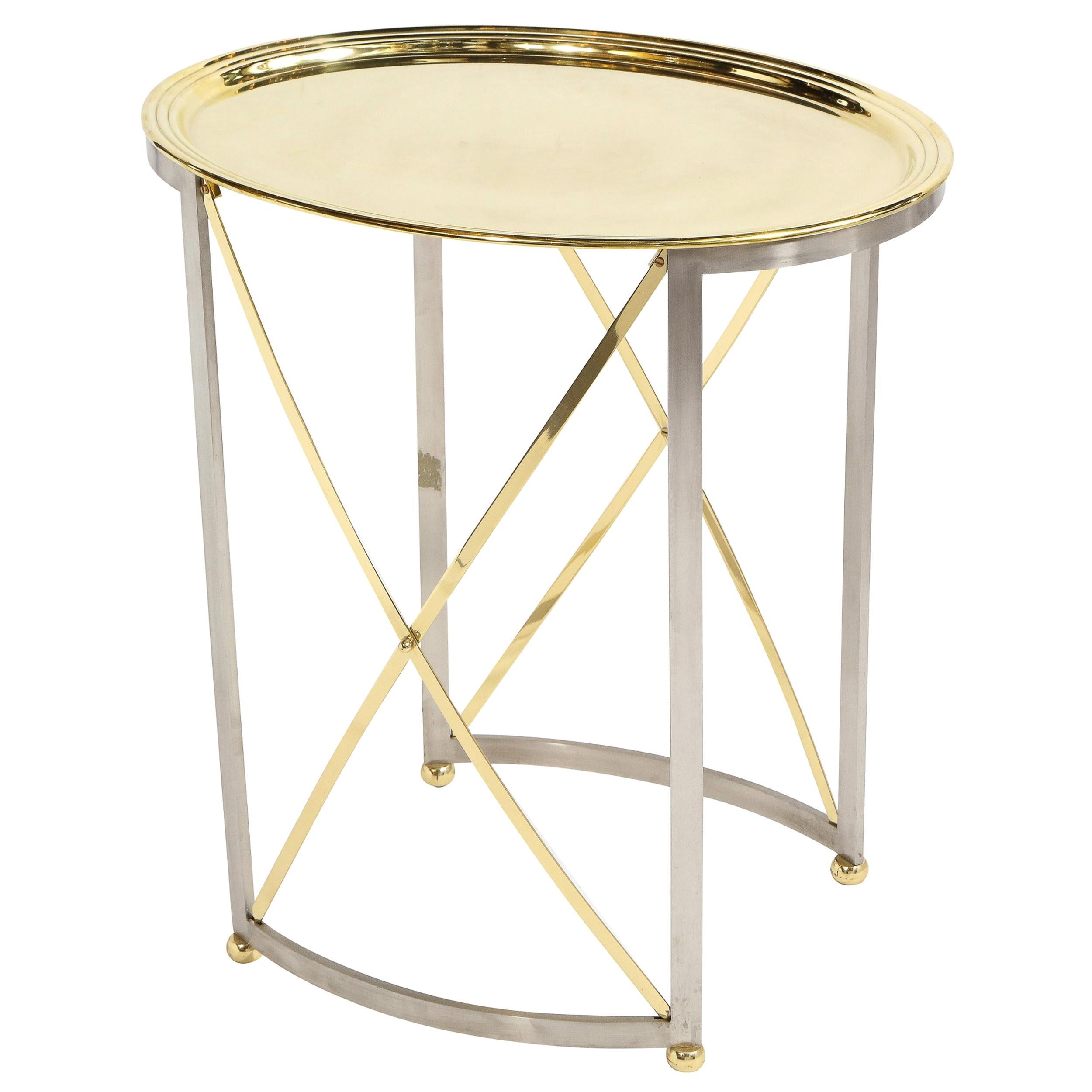 Mid-Century Brass & Nickel Side Table with Removable Tray Top by Maison Jansen