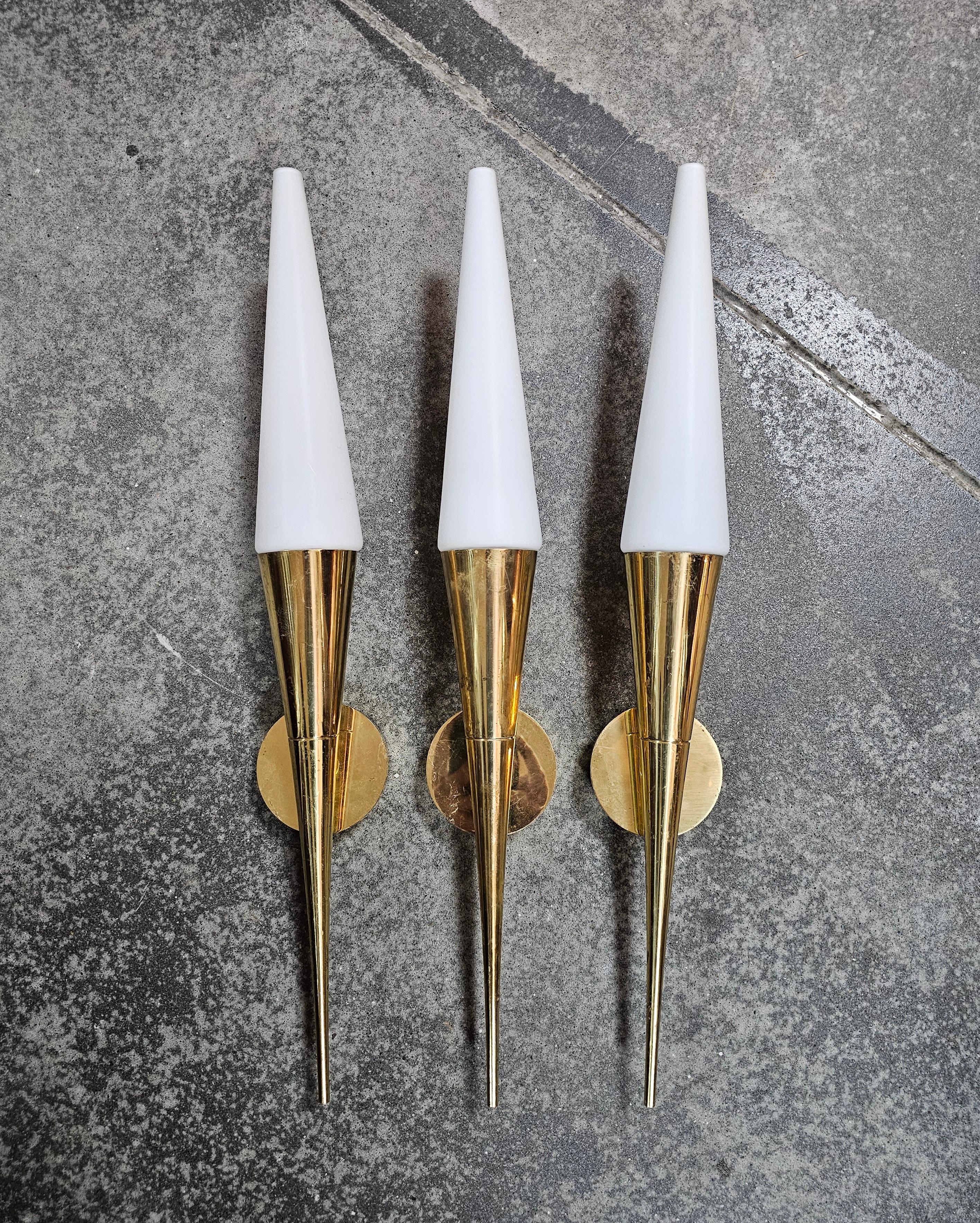 Mid Century Modern Brass and Opaline glass sconces by Limburg, W. Germany 1960s For Sale 7