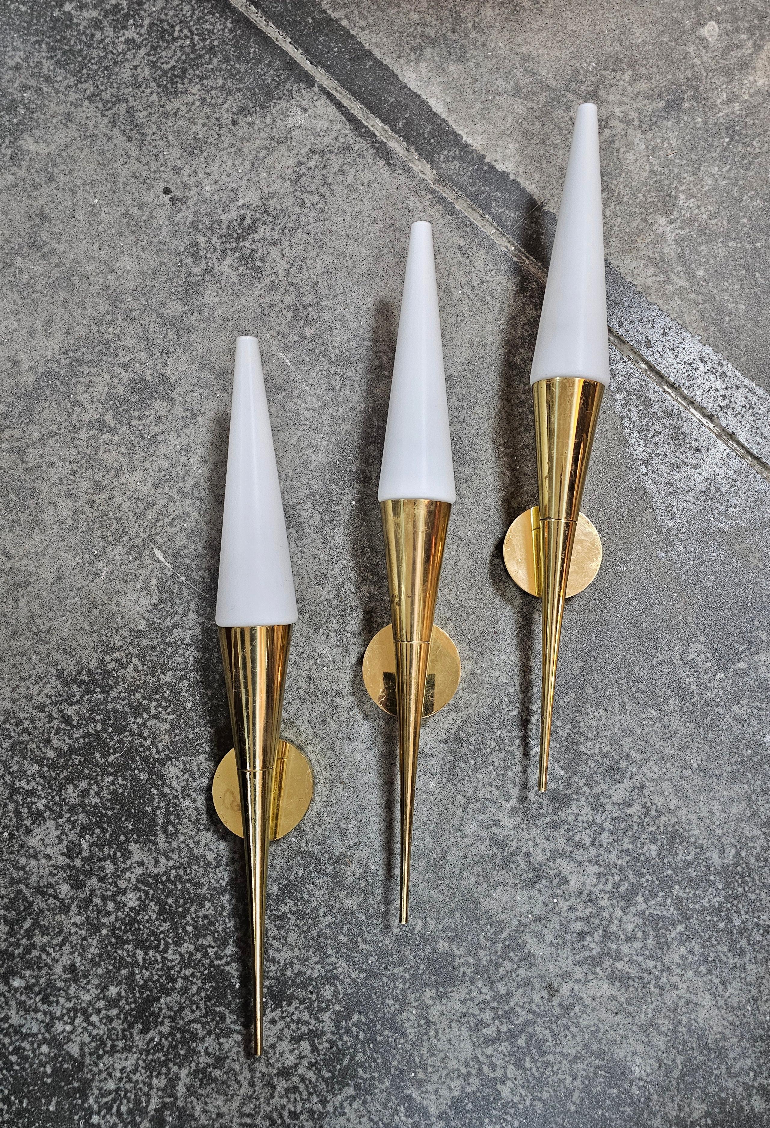 Mid Century Modern Brass and Opaline glass sconces by Limburg, W. Germany 1960s For Sale 8