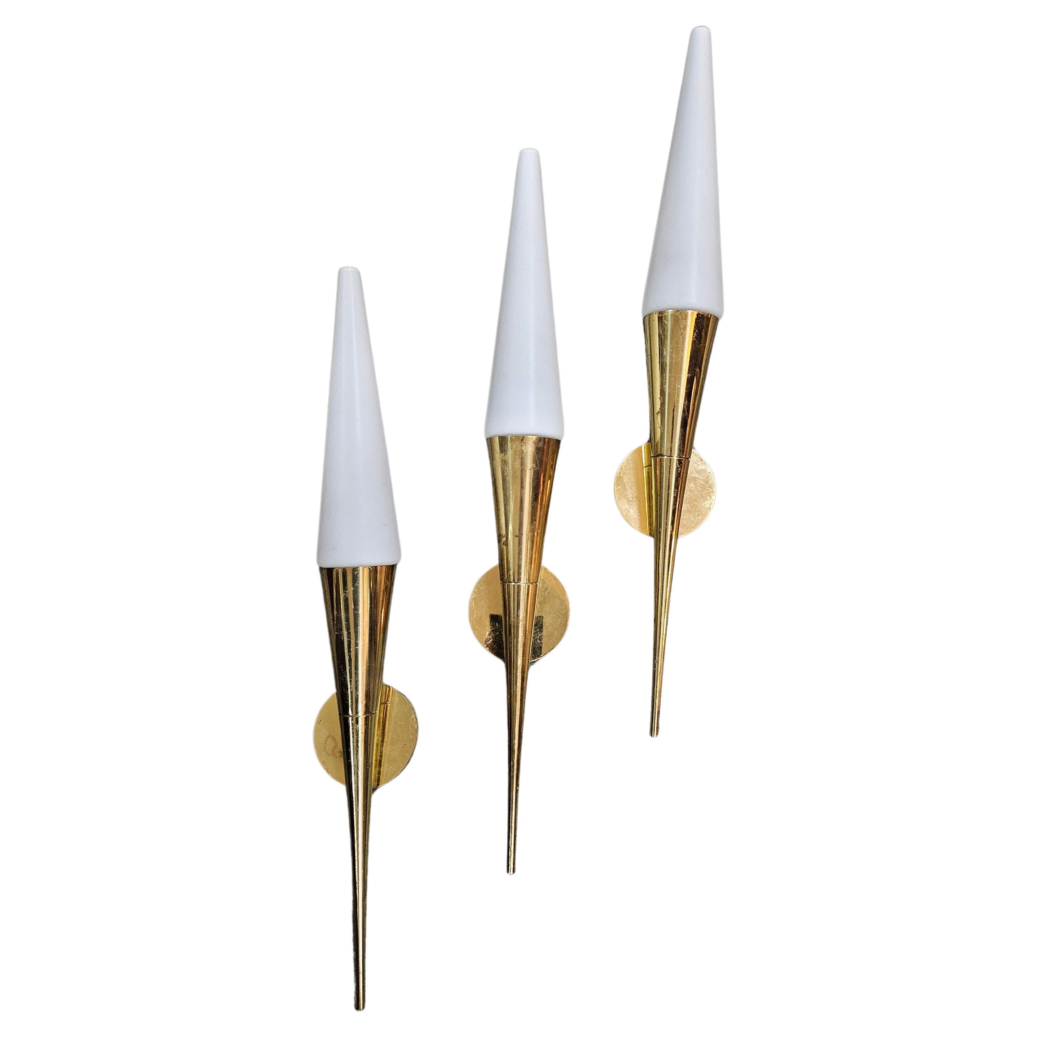 Mid Century Modern Brass and Opaline glass sconces by Limburg, W. Germany 1960s For Sale