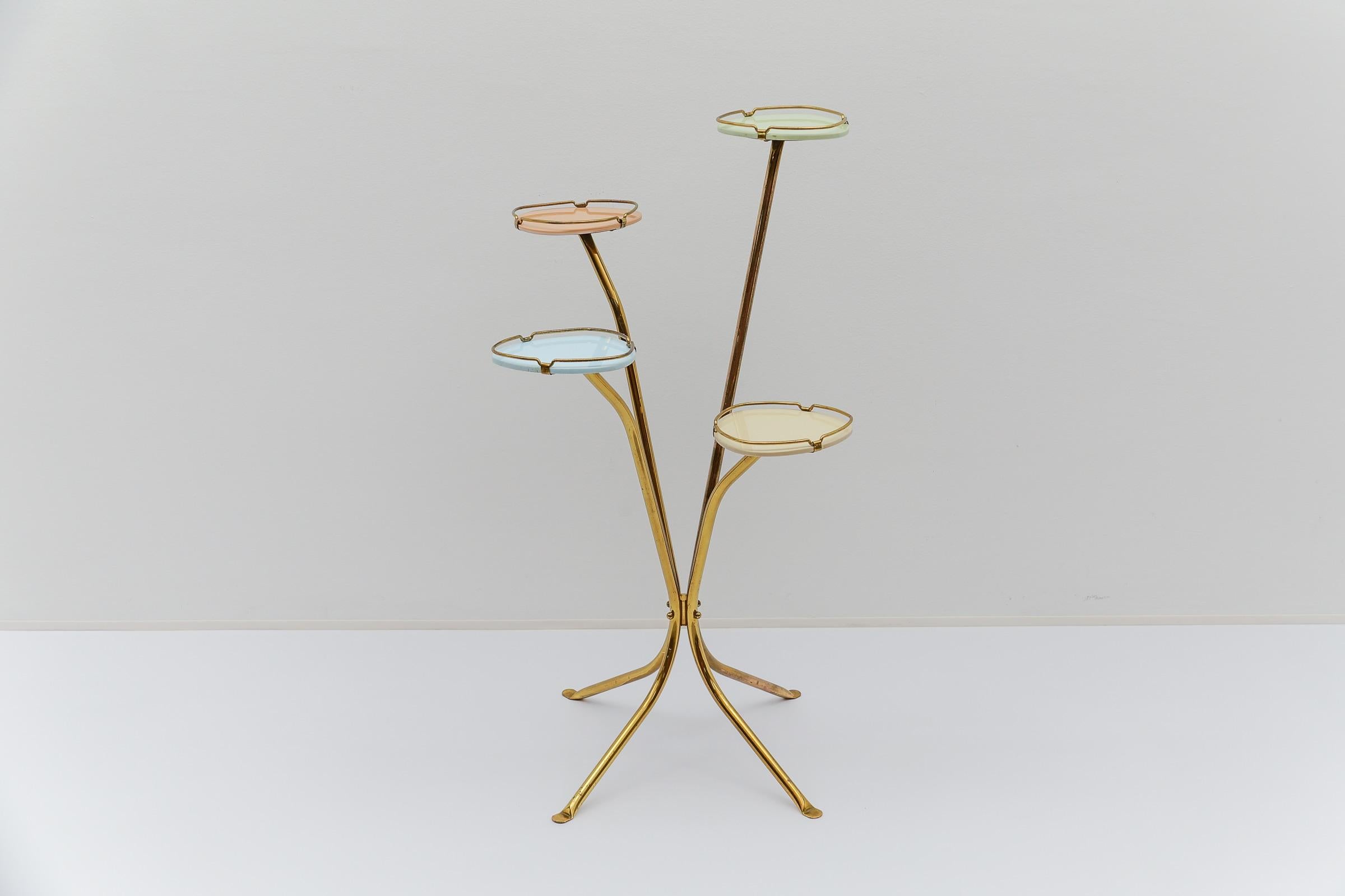 German Mid-Century Modern brass and pastel-colored glass flower stand / display, 1950s For Sale