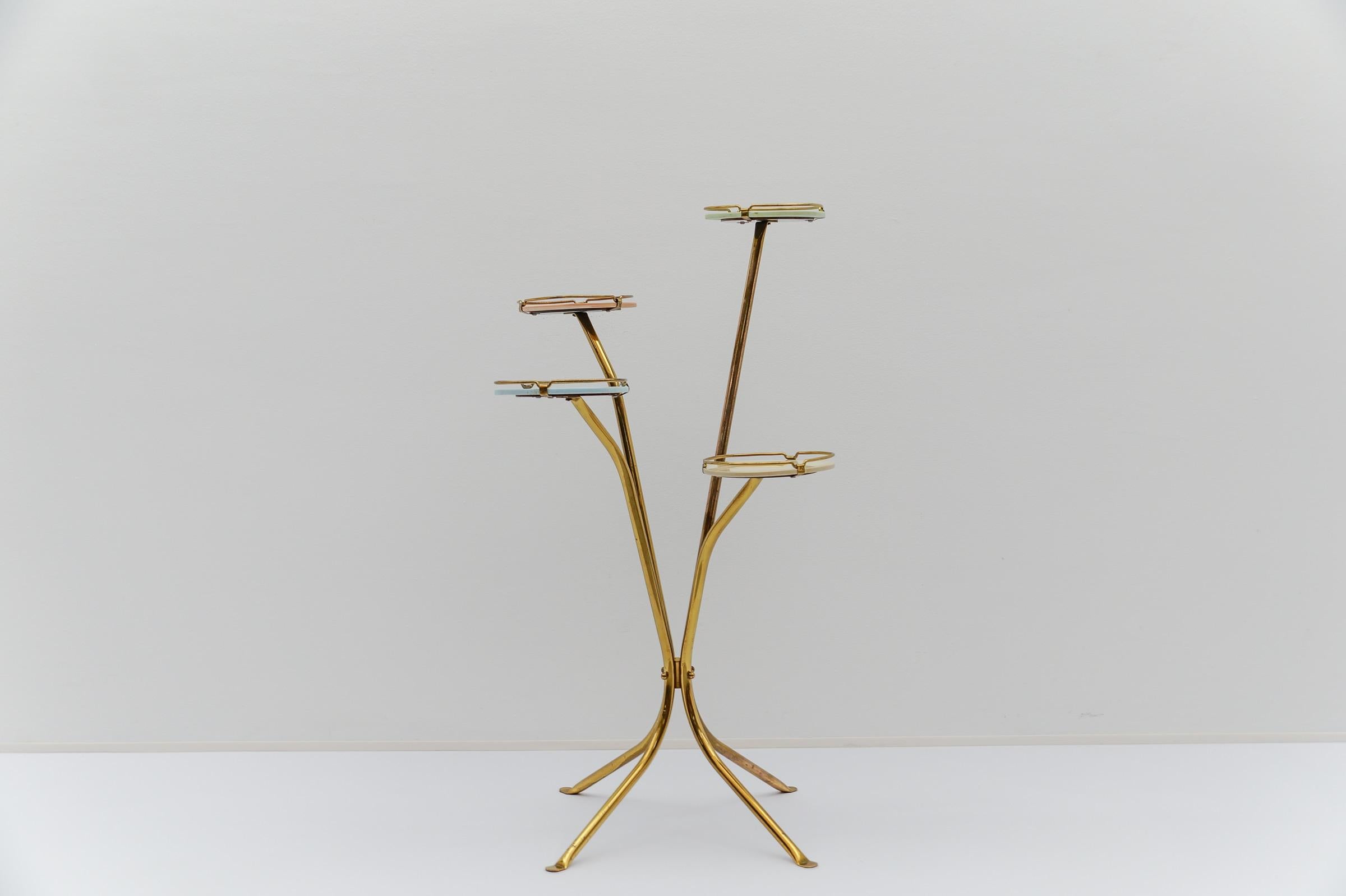 Mid-20th Century Mid-Century Modern brass and pastel-colored glass flower stand / display, 1950s For Sale