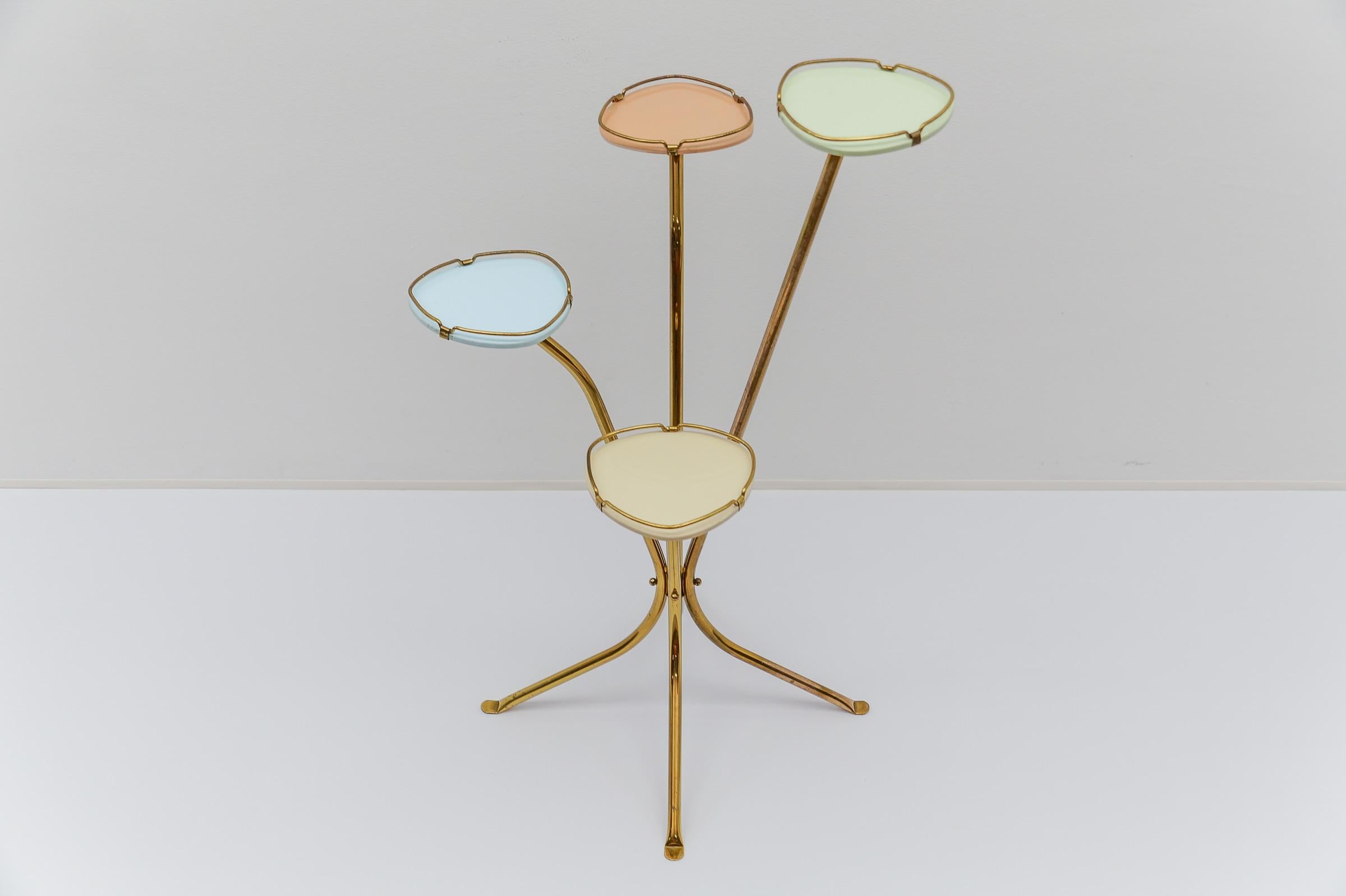 Brass Mid-Century Modern brass and pastel-colored glass flower stand / display, 1950s For Sale