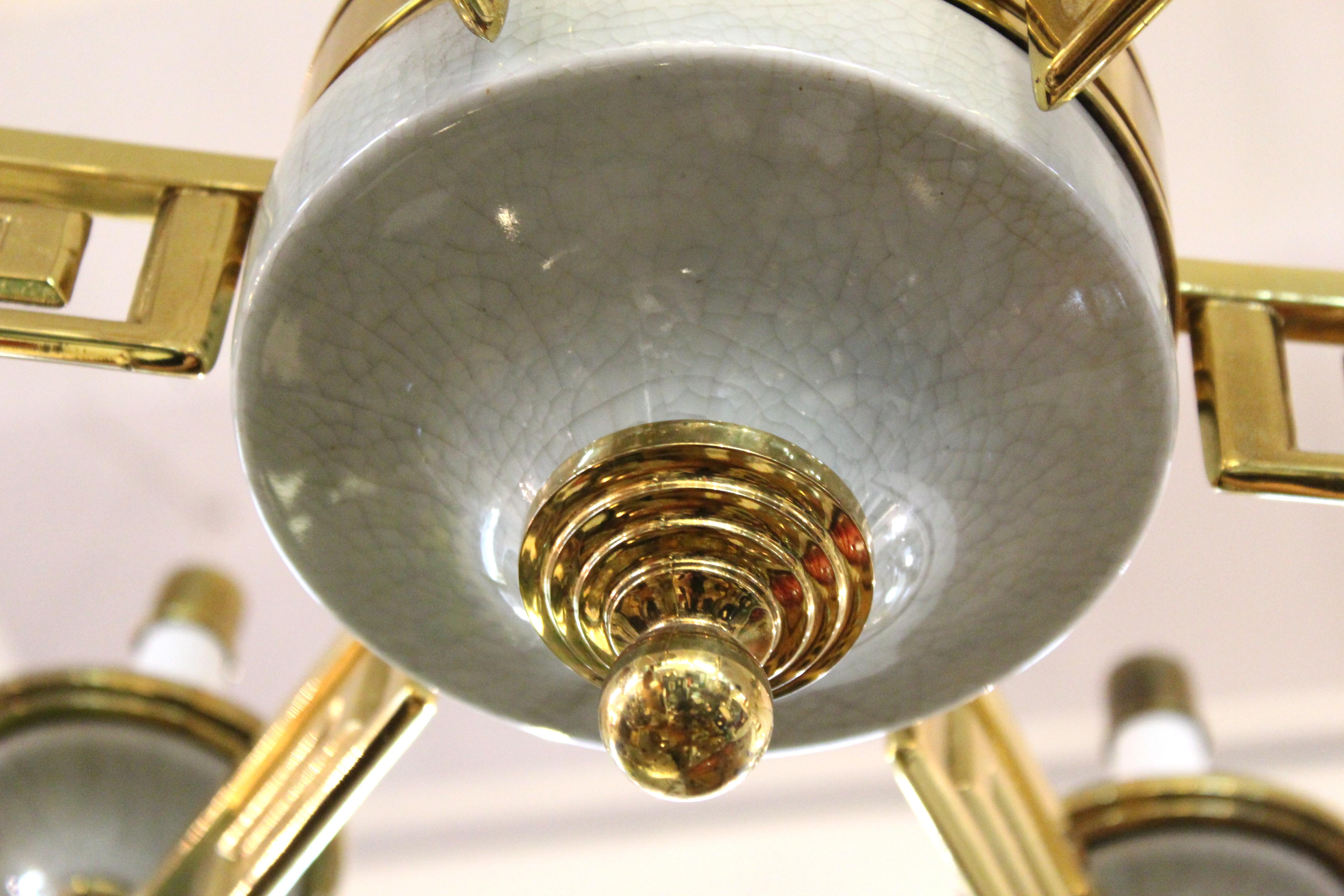 Mid-Century Modern Brass and Porcelain Chandelier in Manner of Tommi Parzinger 2