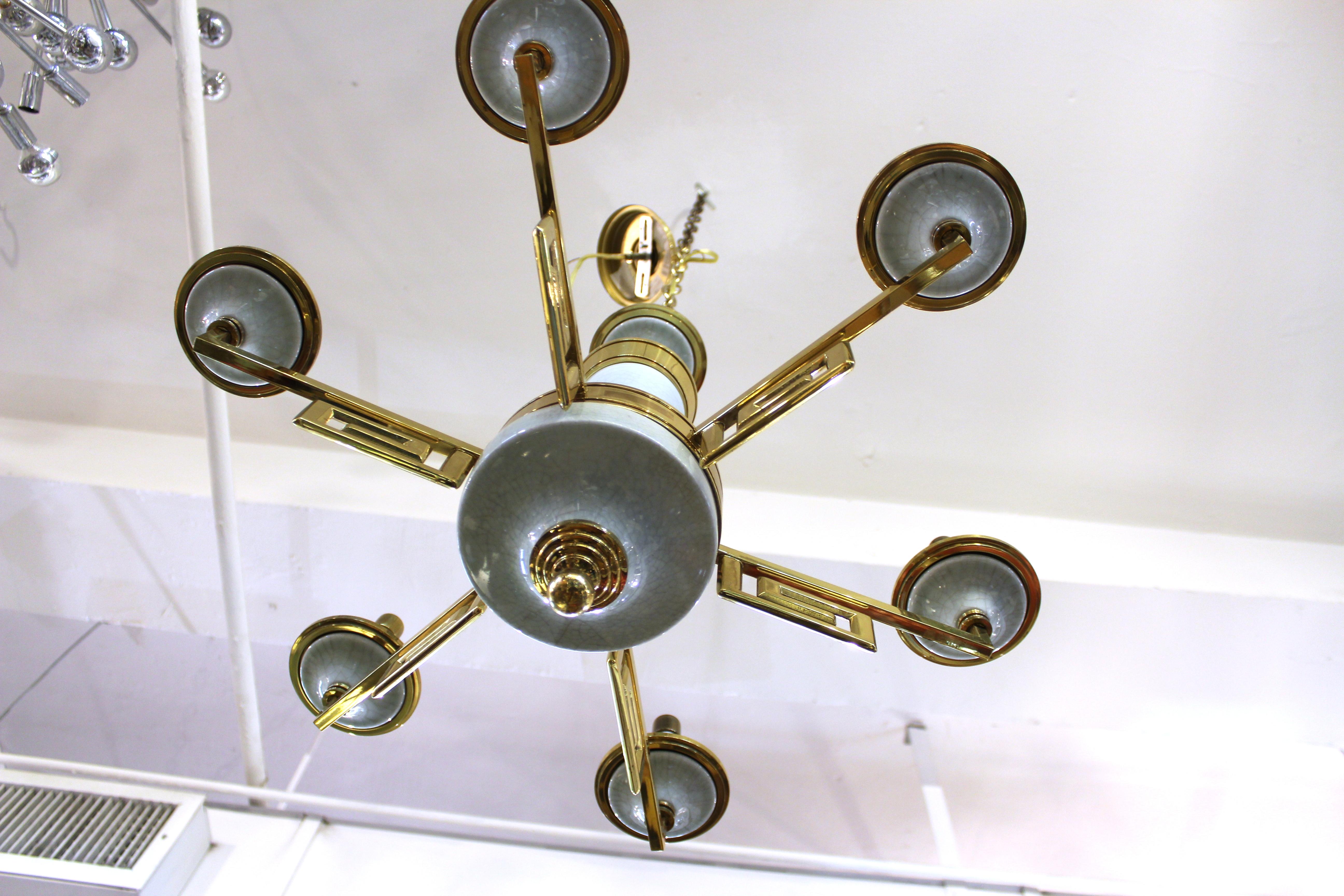 Mid-Century Modern Brass and Porcelain Chandelier in Manner of Tommi Parzinger For Sale 3