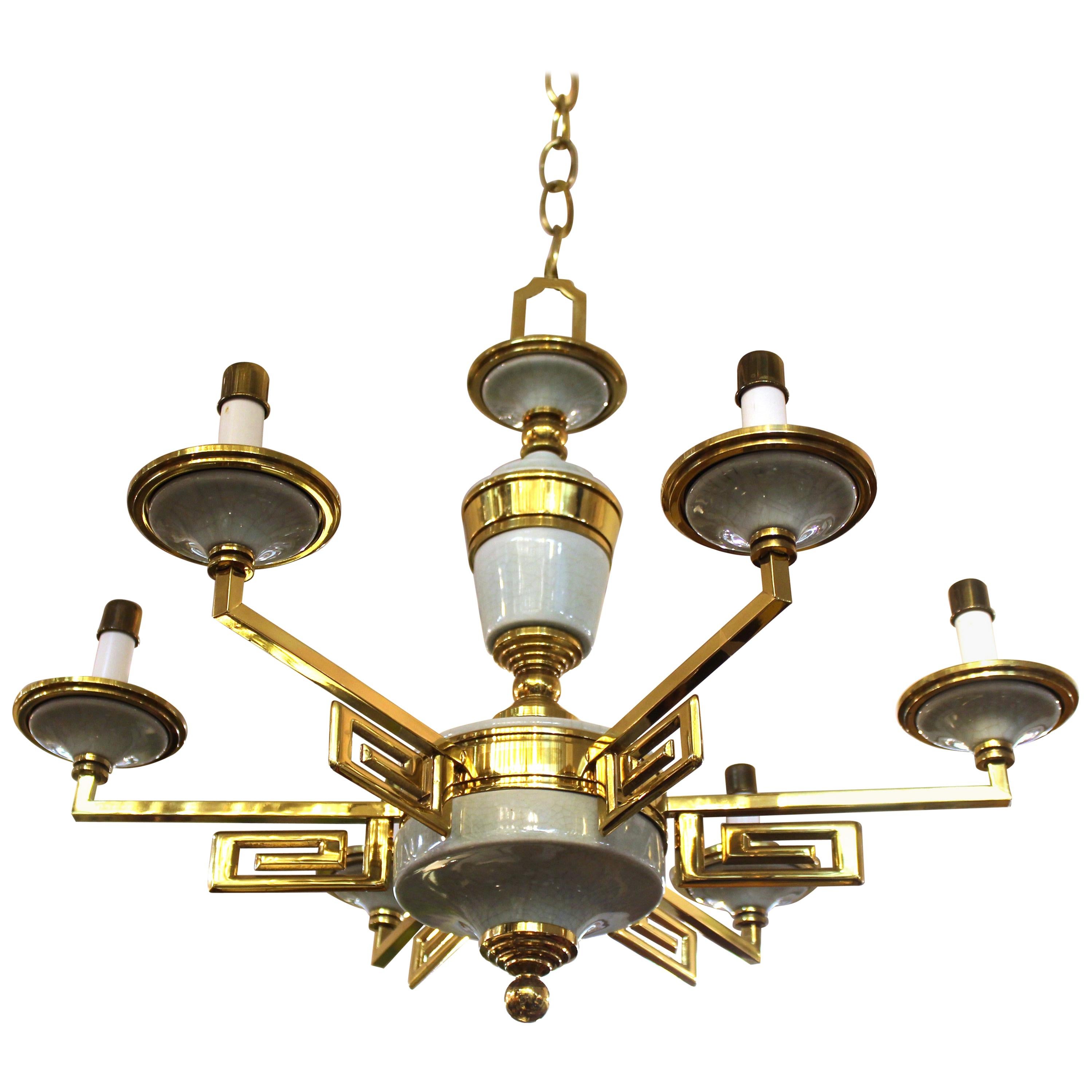 Mid-Century Modern Brass and Porcelain Chandelier in Manner of Tommi Parzinger For Sale