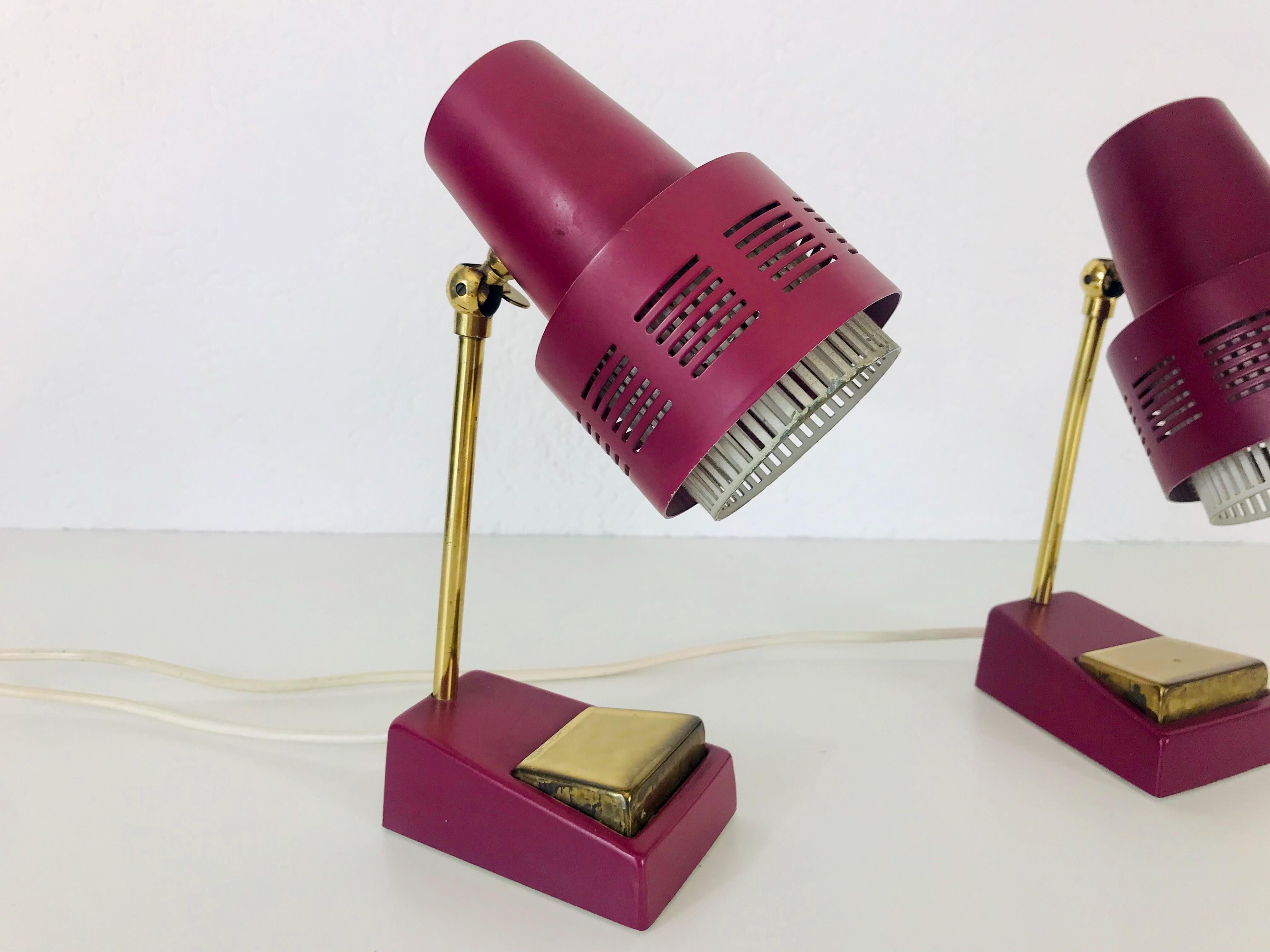 European Mid-Century Modern Brass and Purple Table Lamp, Pair, 1960s For Sale