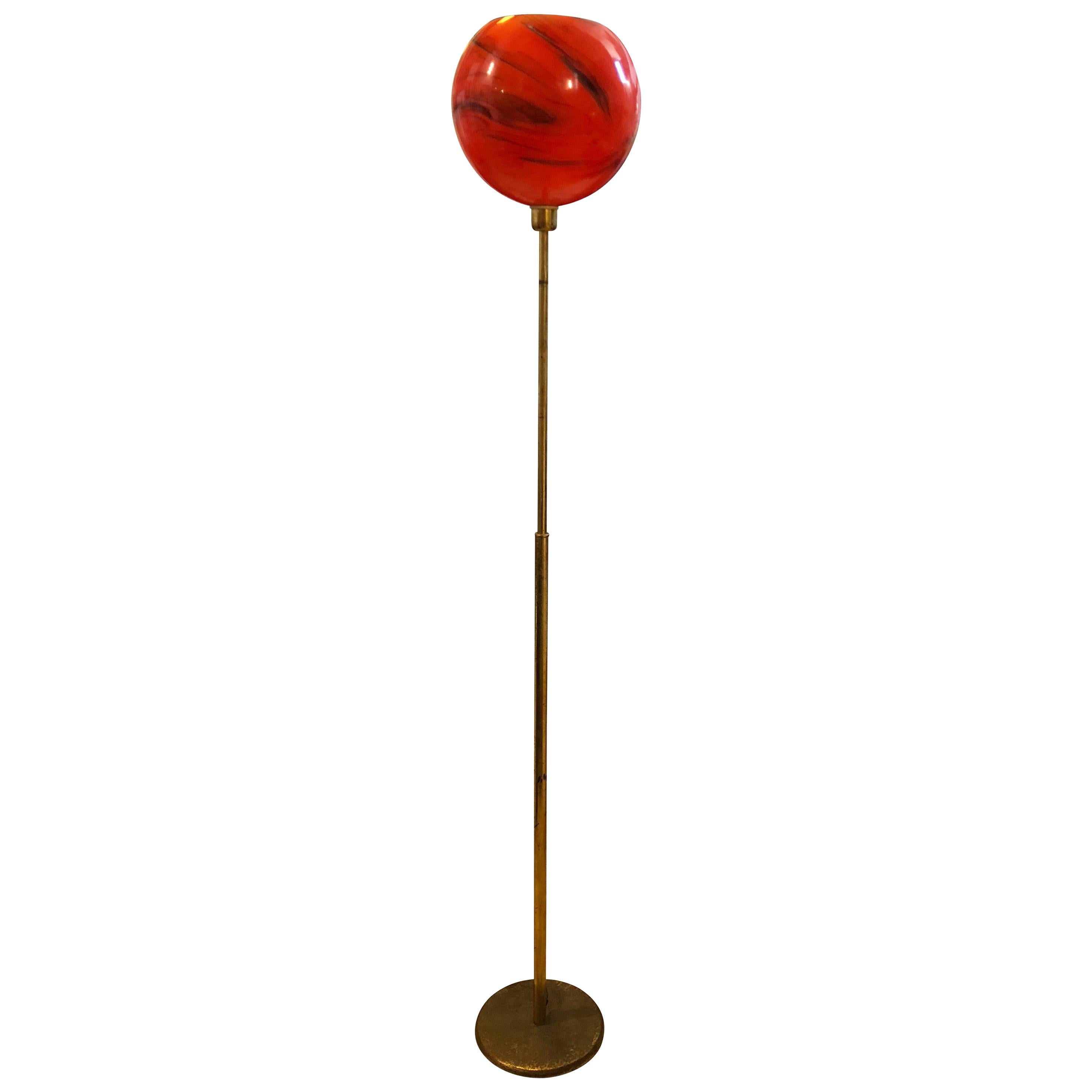 1950s Mid-Century Modern Brass and Red Glass Italian Floor Lamp For Sale