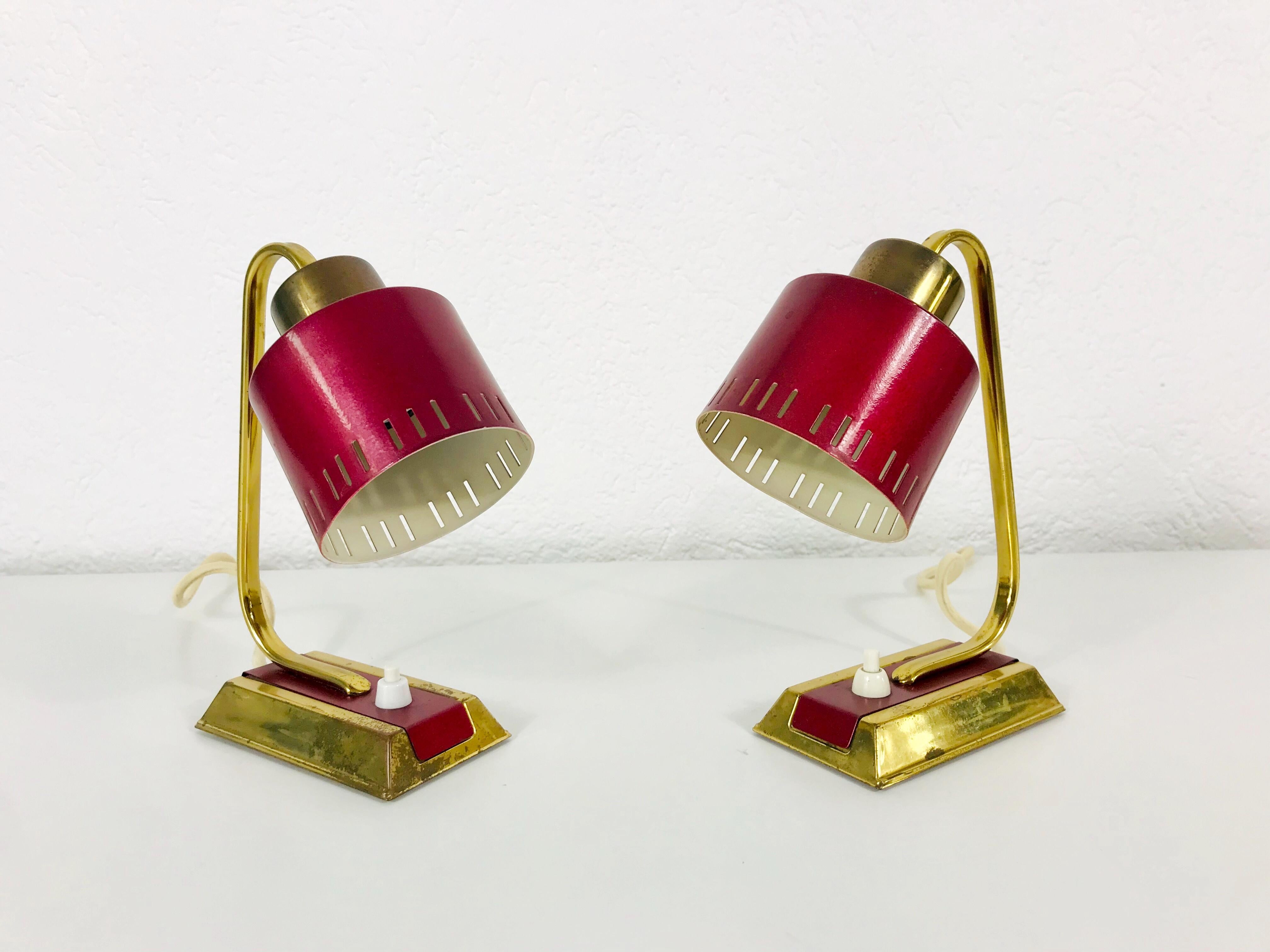 European Mid-Century Modern Brass and Red Table Lamp, Pair, 1960s