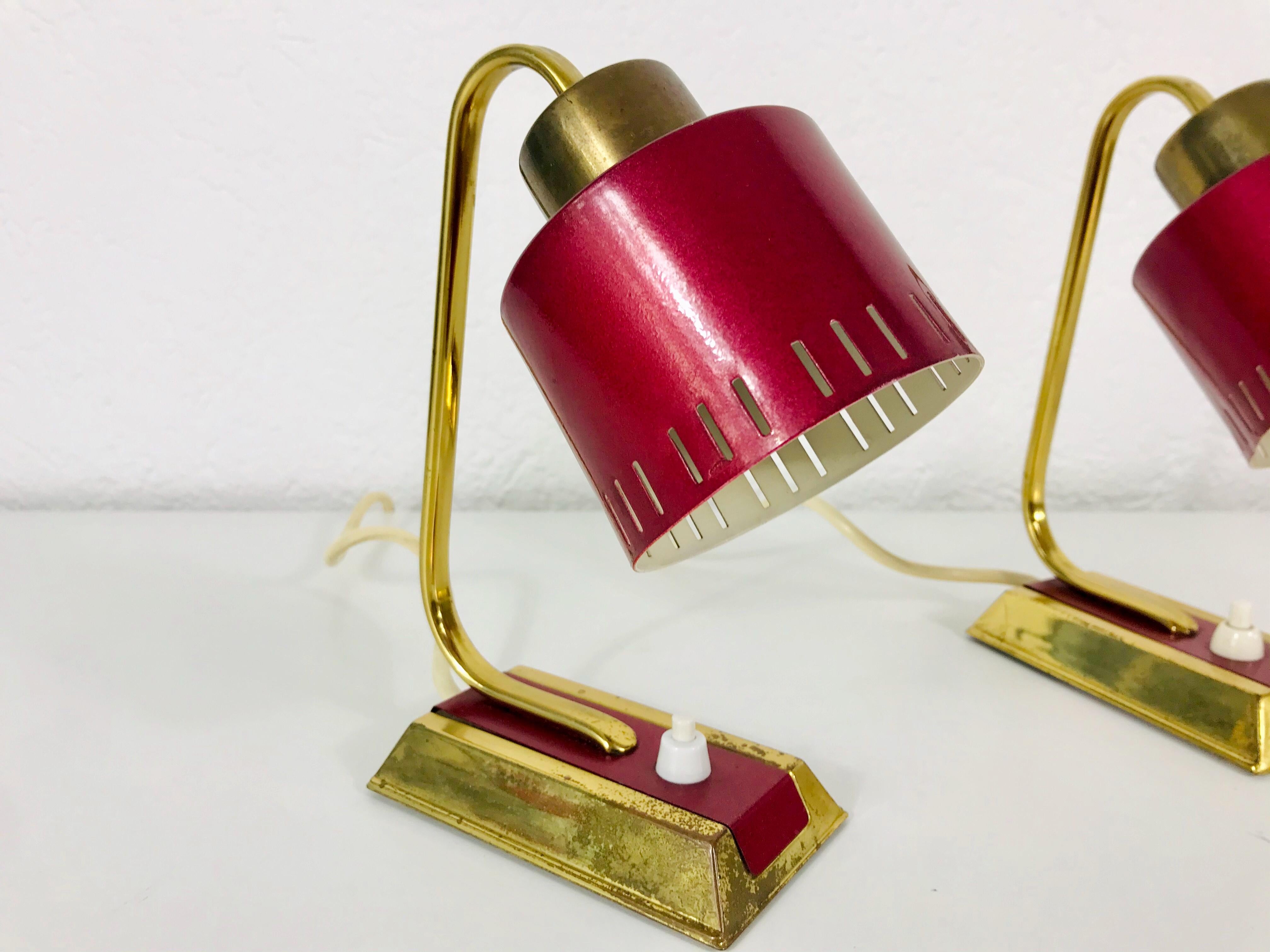 Aluminum Mid-Century Modern Brass and Red Table Lamp, Pair, 1960s