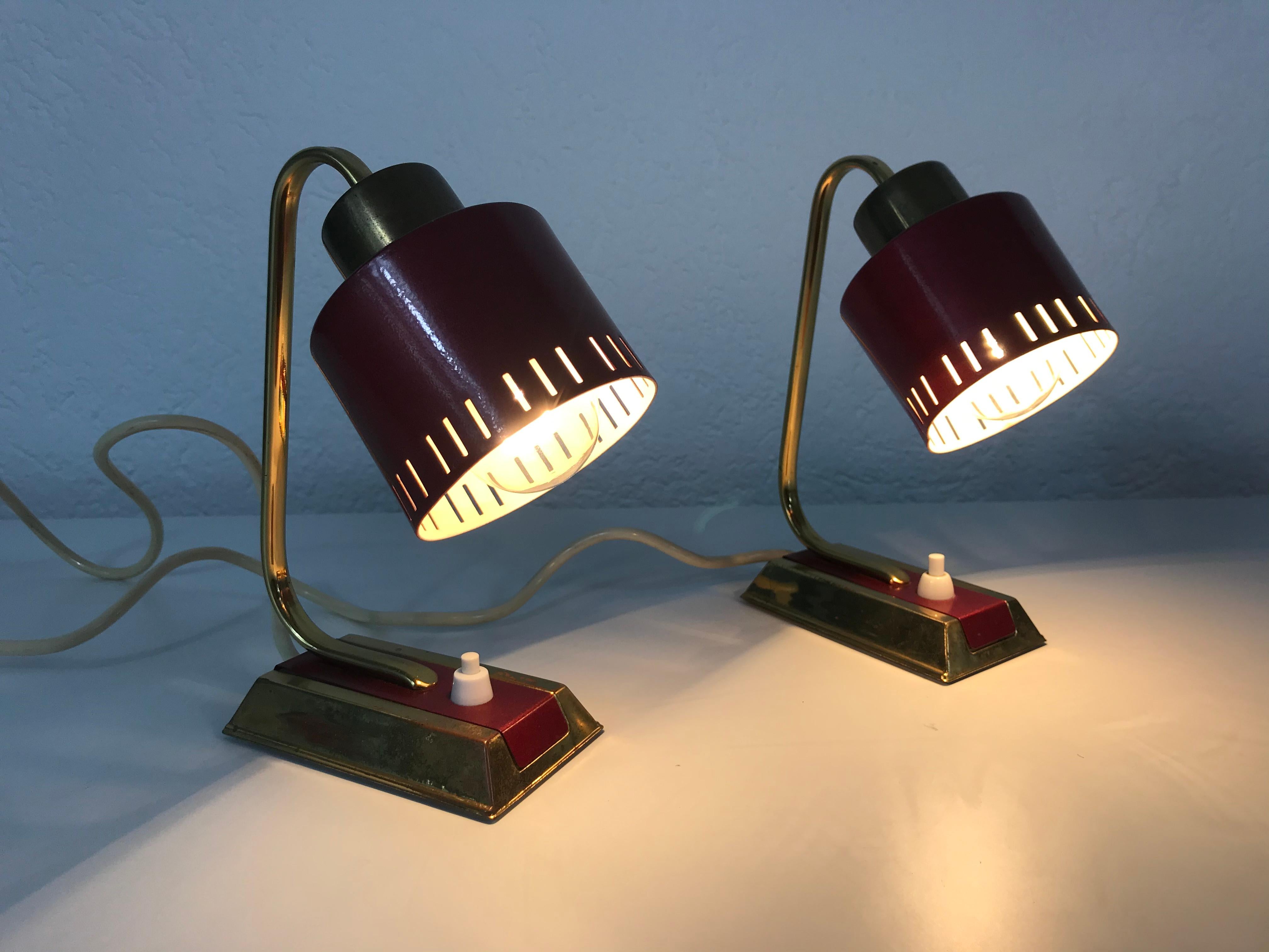 Mid-Century Modern Brass and Red Table Lamp, Pair, 1960s 3