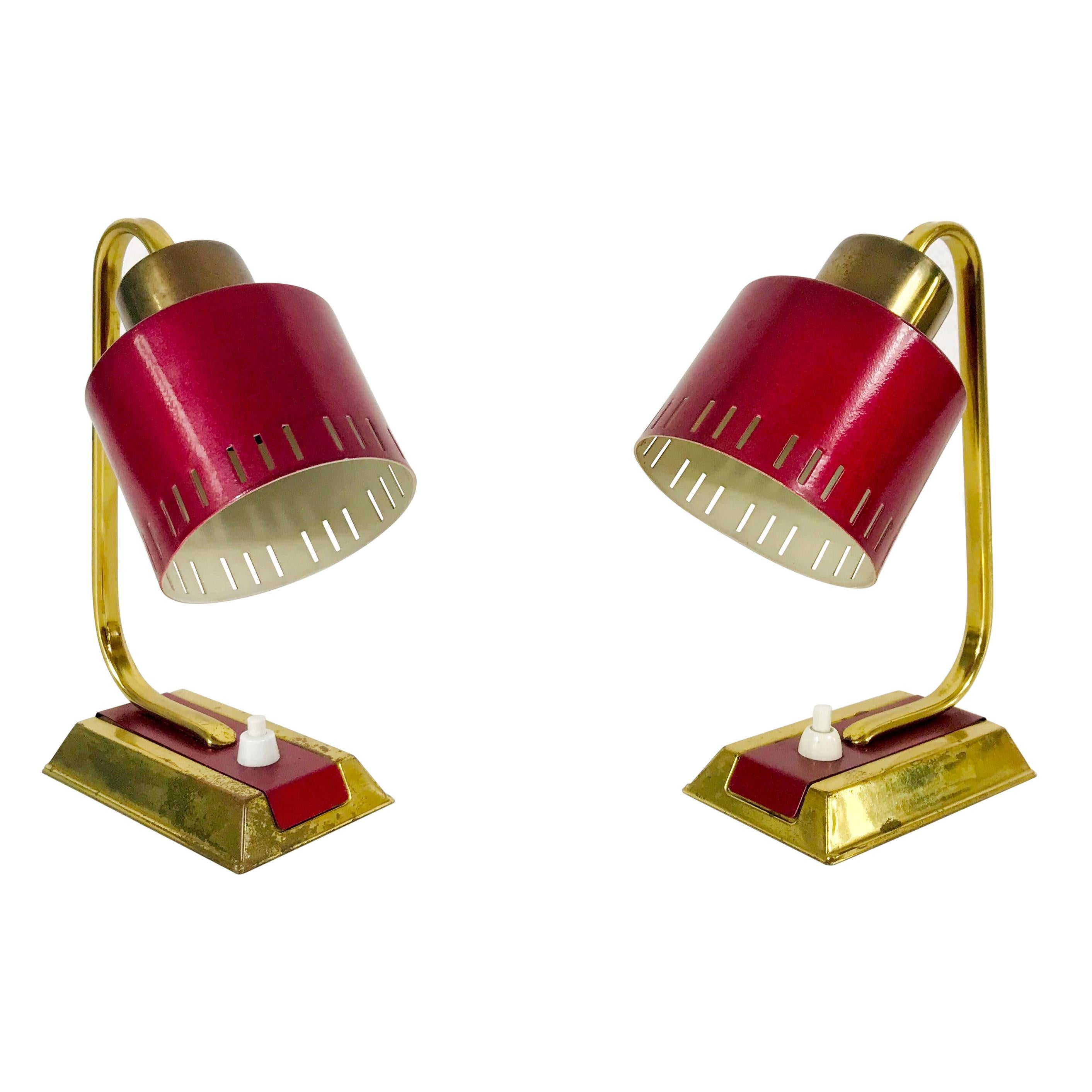 Mid-Century Modern Brass and Red Table Lamp, Pair, 1960s