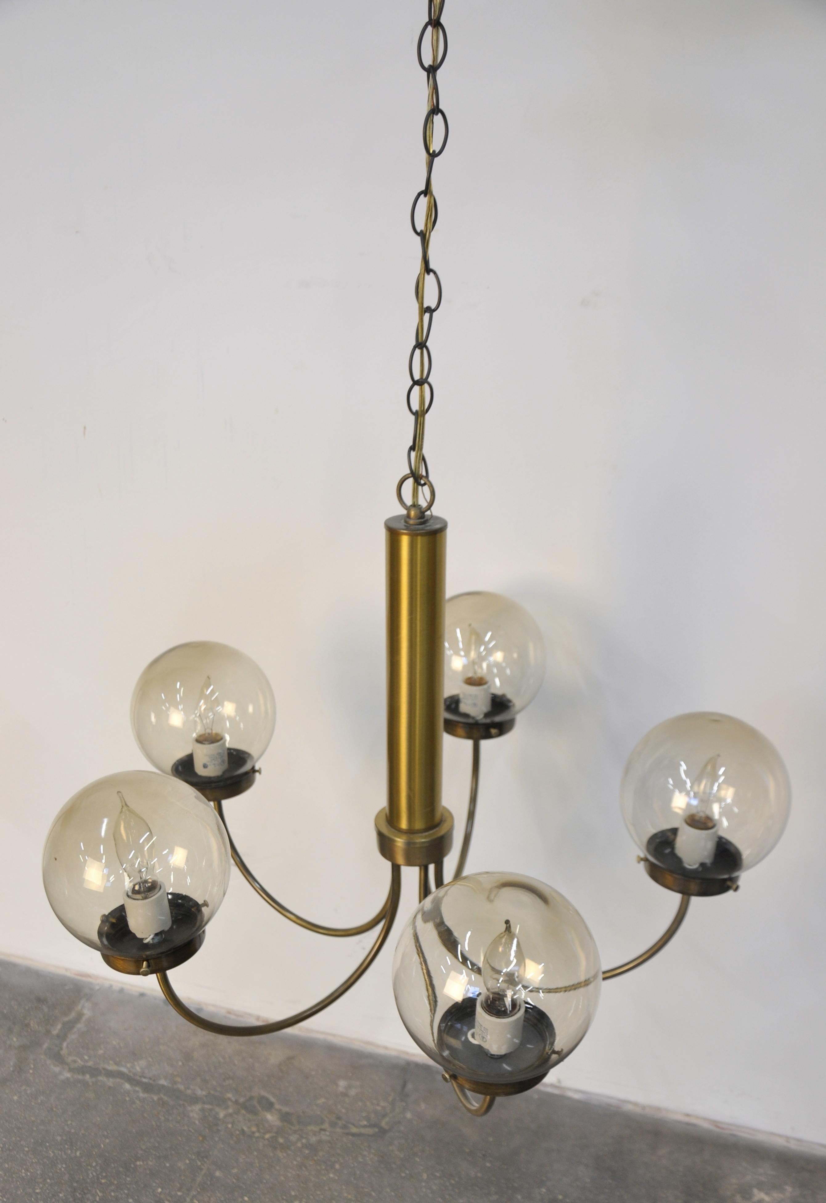 Mid-Century Modern Brass and Smoked Glass Chandelier 5