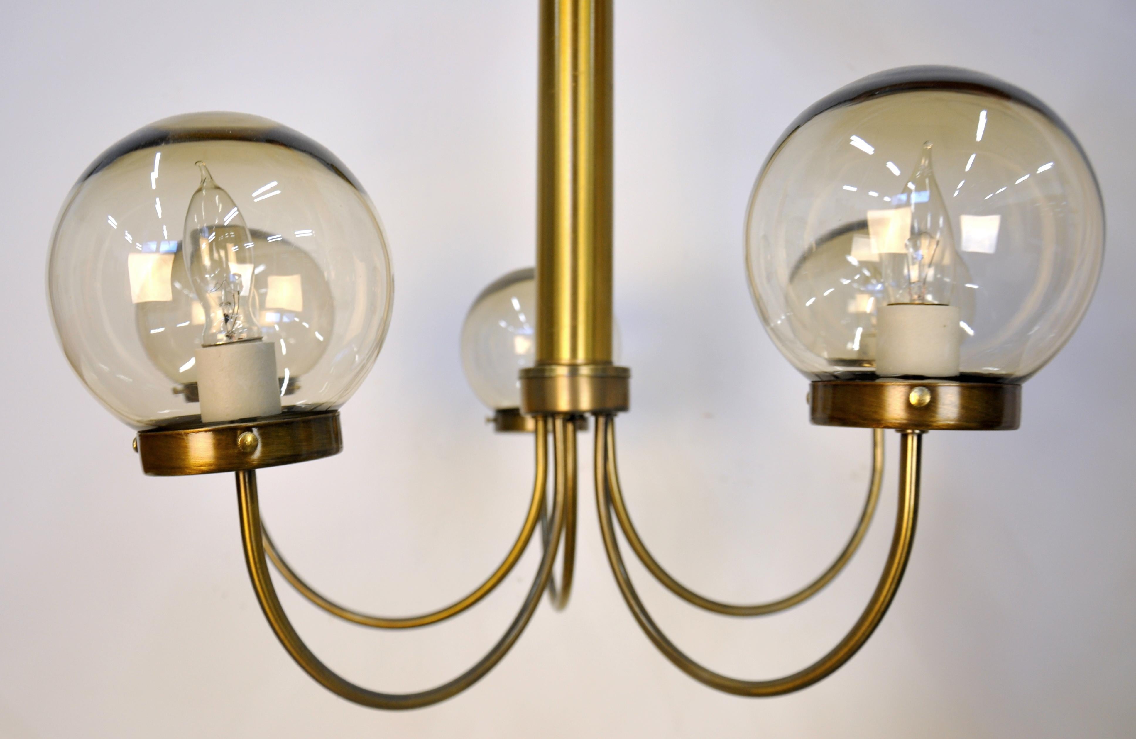 American Mid-Century Modern Brass and Smoked Glass Chandelier