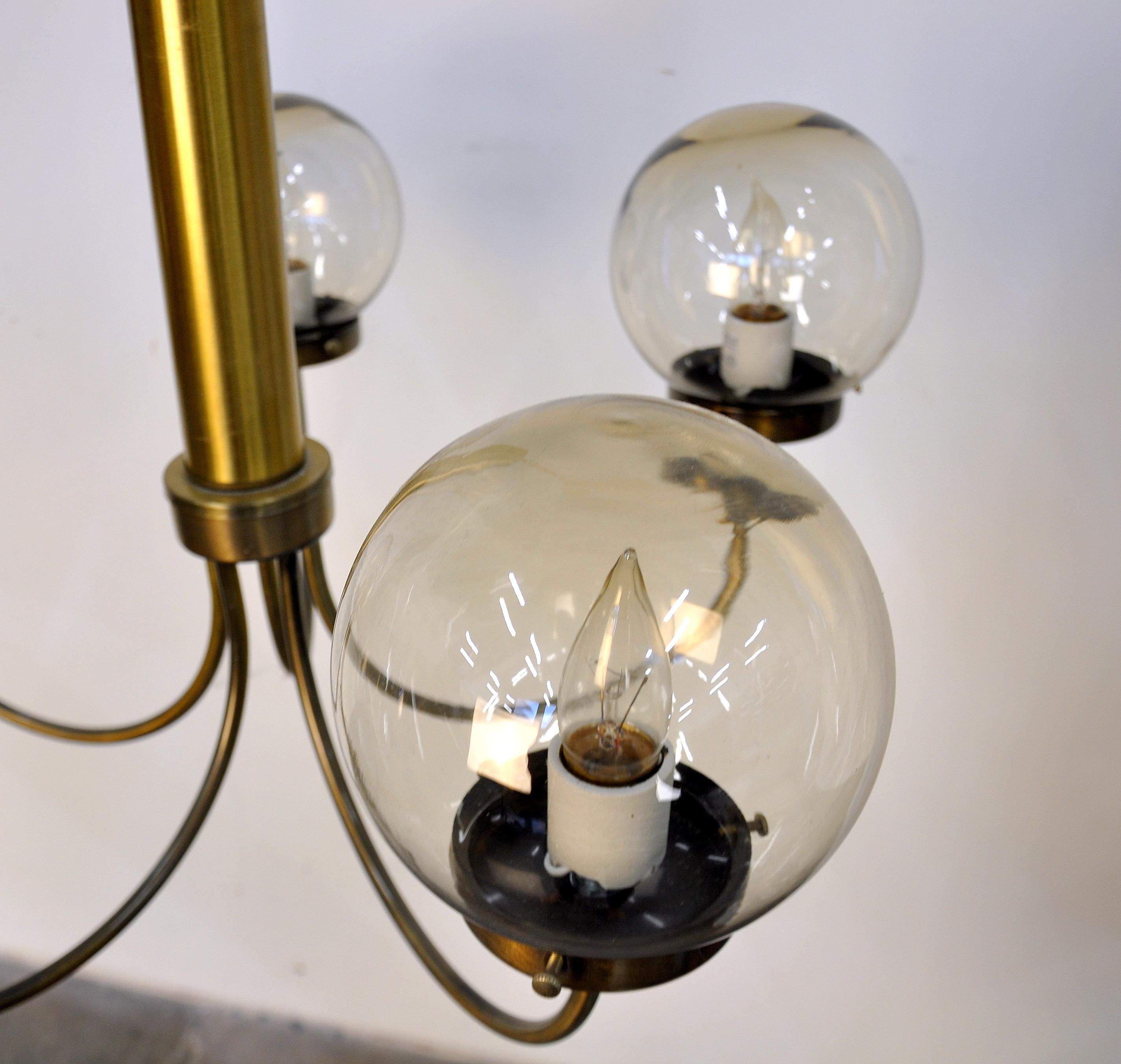 Mid-20th Century Mid-Century Modern Brass and Smoked Glass Chandelier