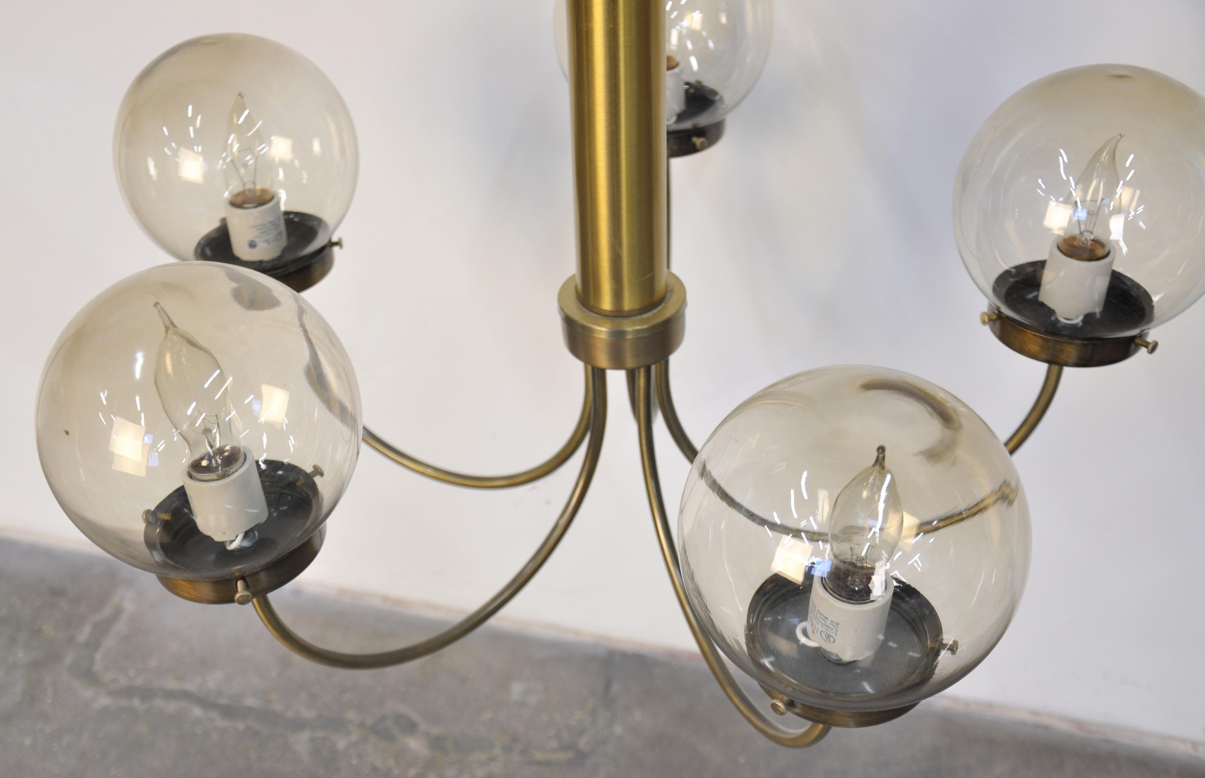 Mid-Century Modern Brass and Smoked Glass Chandelier 3