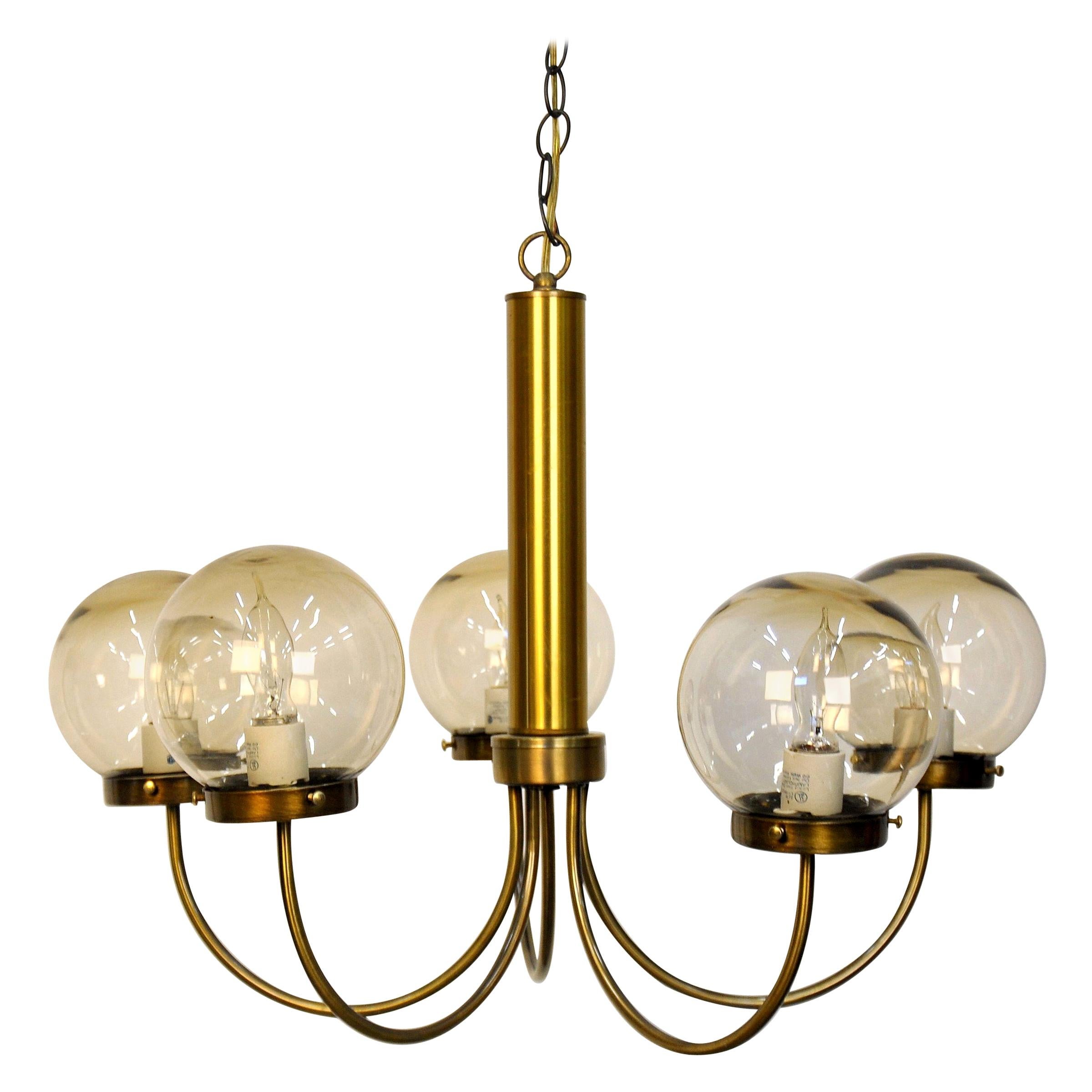 Mid-Century Modern Brass and Smoked Glass Chandelier