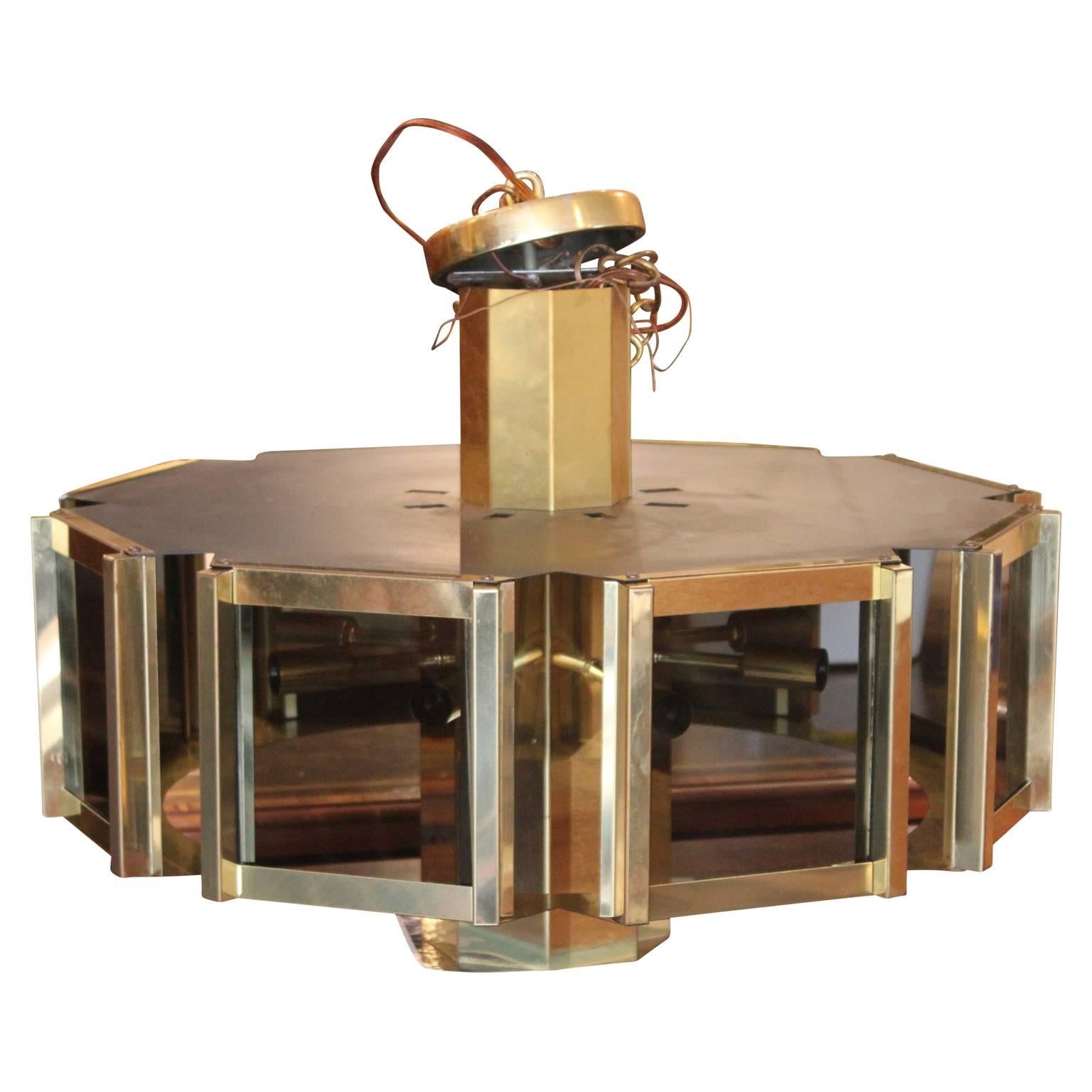 Mid-Century Modern Brass and Smoked Glass Fredrick Ramond Pendant Chandelier In Excellent Condition In Houston, TX