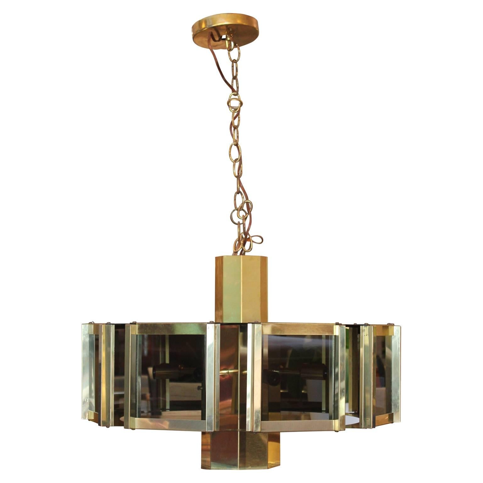 Mid-20th Century Mid-Century Modern Brass and Smoked Glass Fredrick Ramond Pendant Chandelier