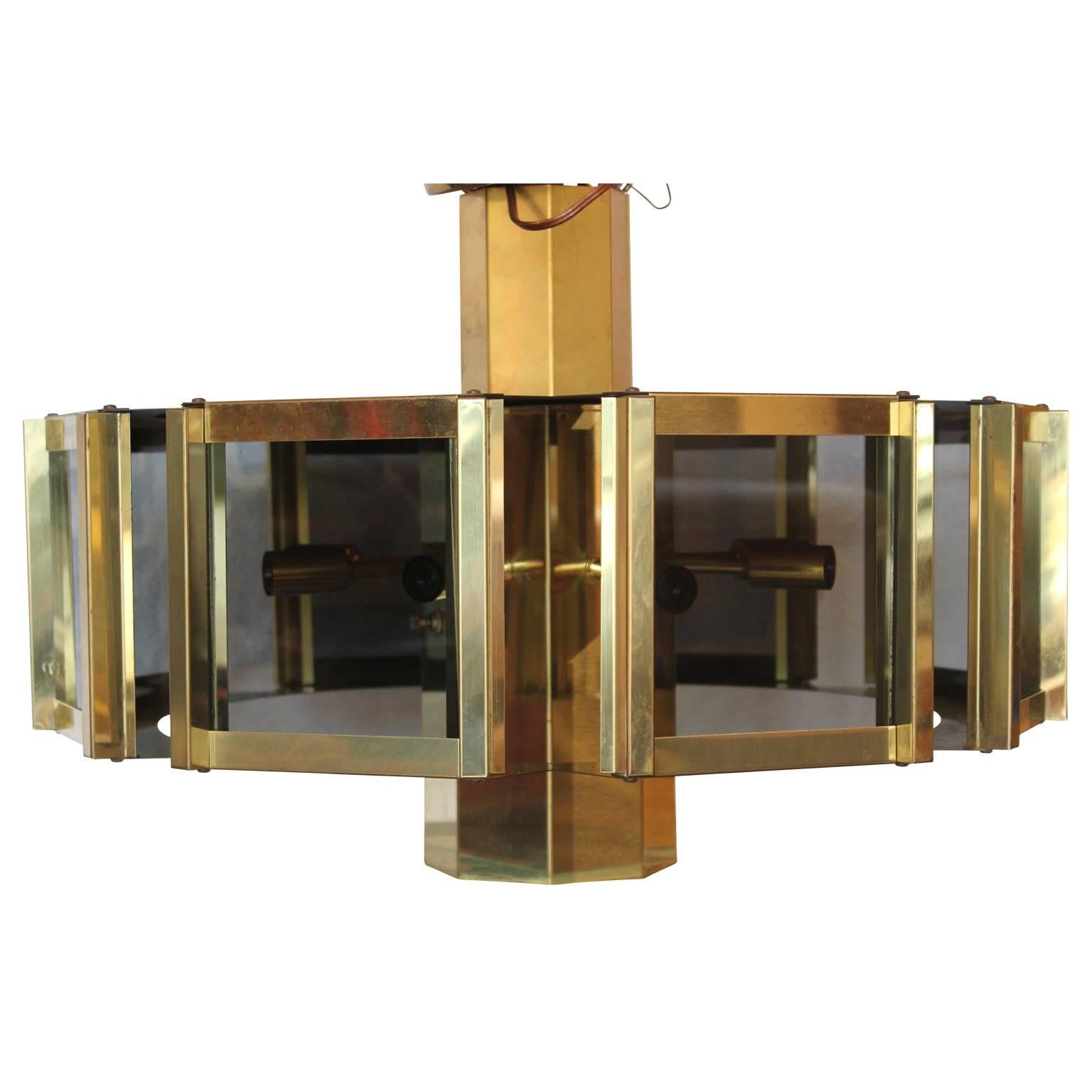 Mid-Century Modern Brass and Smoked Glass Fredrick Ramond Pendant Chandelier 2