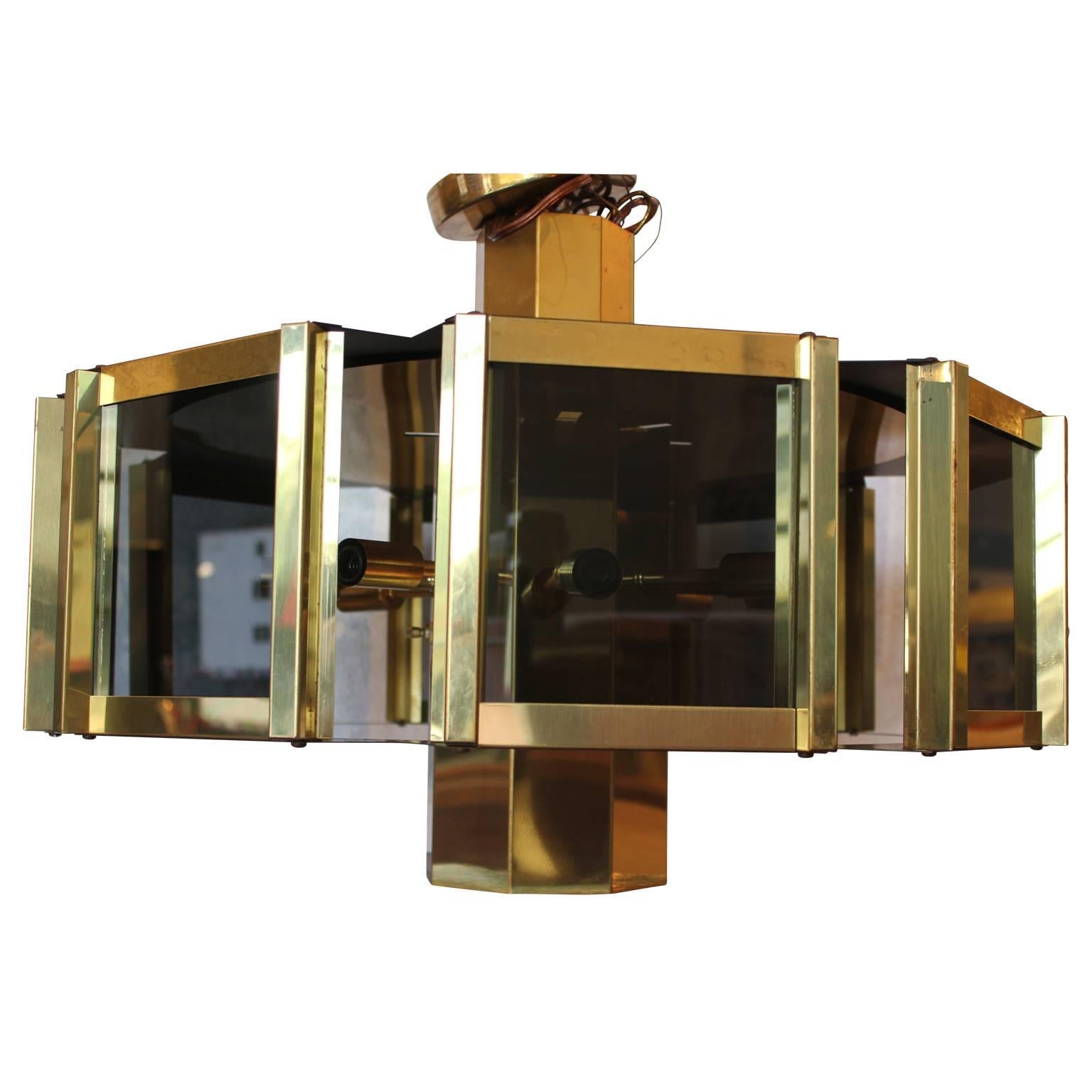 Mid-Century Modern Brass and Smoked Glass Fredrick Ramond Pendant Chandelier 3
