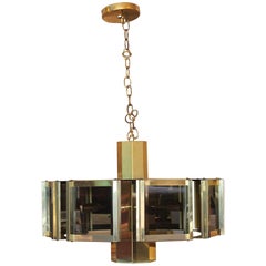 Mid-Century Modern Brass and Smoked Glass Fredrick Ramond Pendant Chandelier