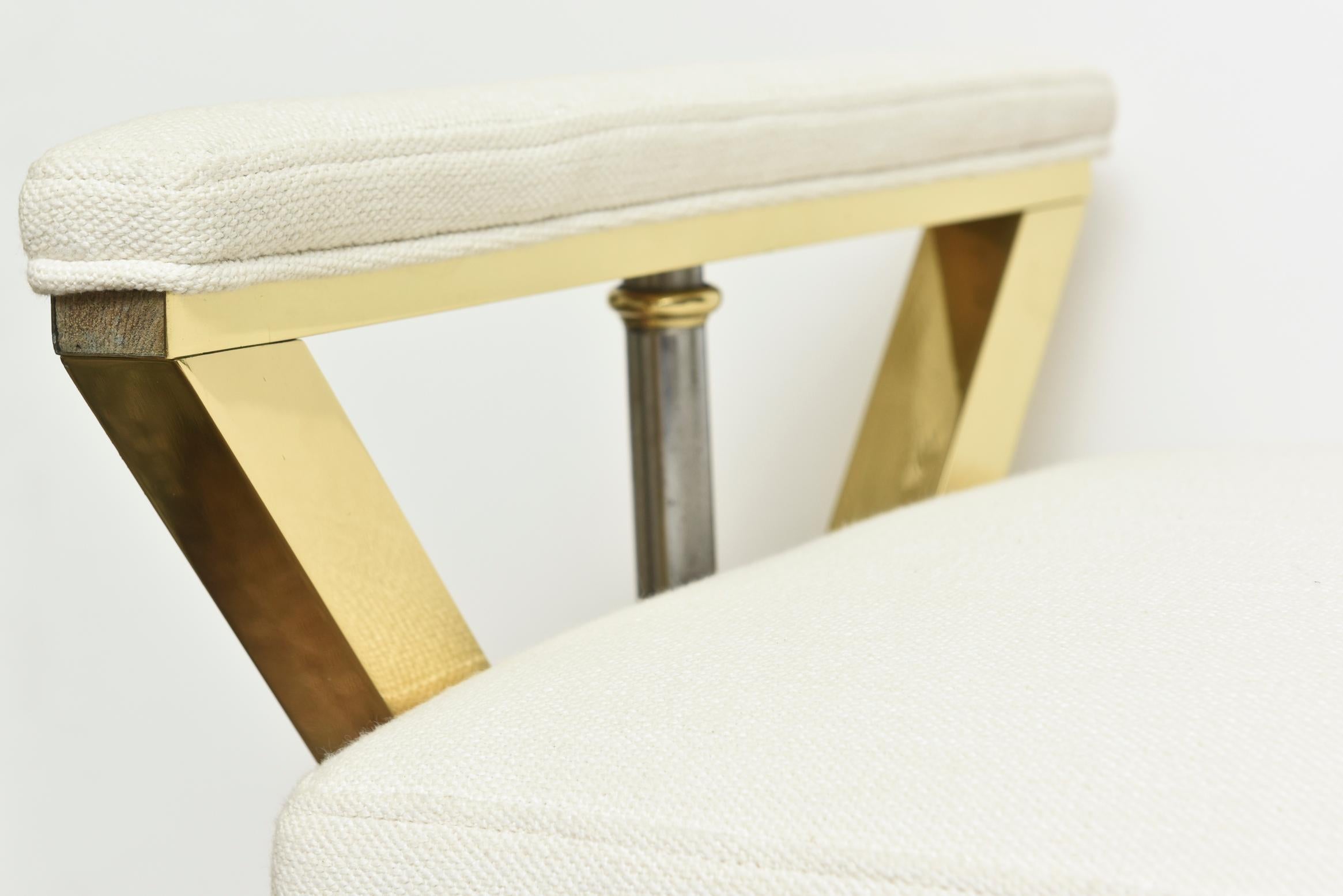 Brass and Steel White Upholstered 3-Legged Bench Mid-Century Modern Restored For Sale 3