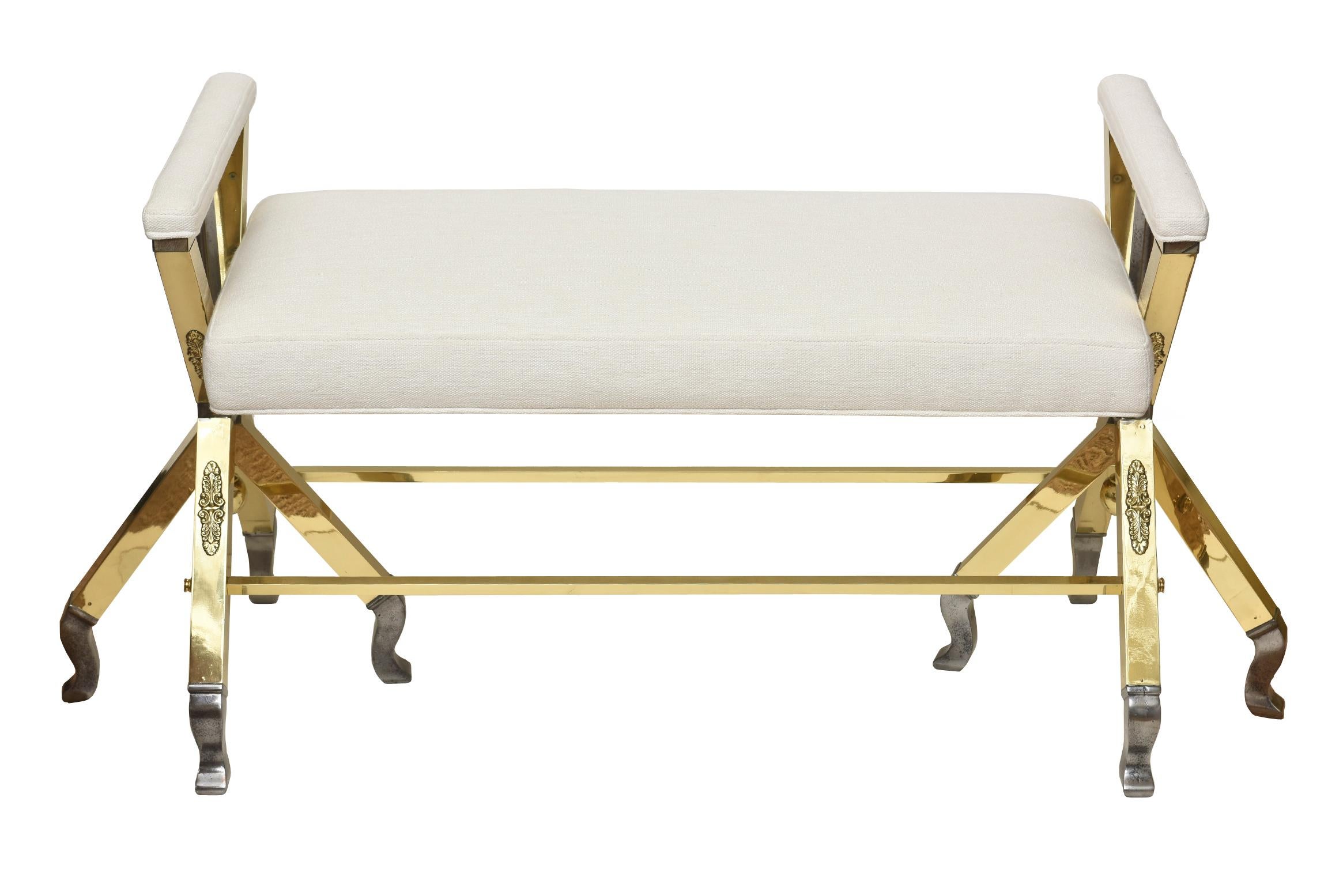 Brass and Steel White Upholstered 3-Legged Bench Mid-Century Modern Restored For Sale 4