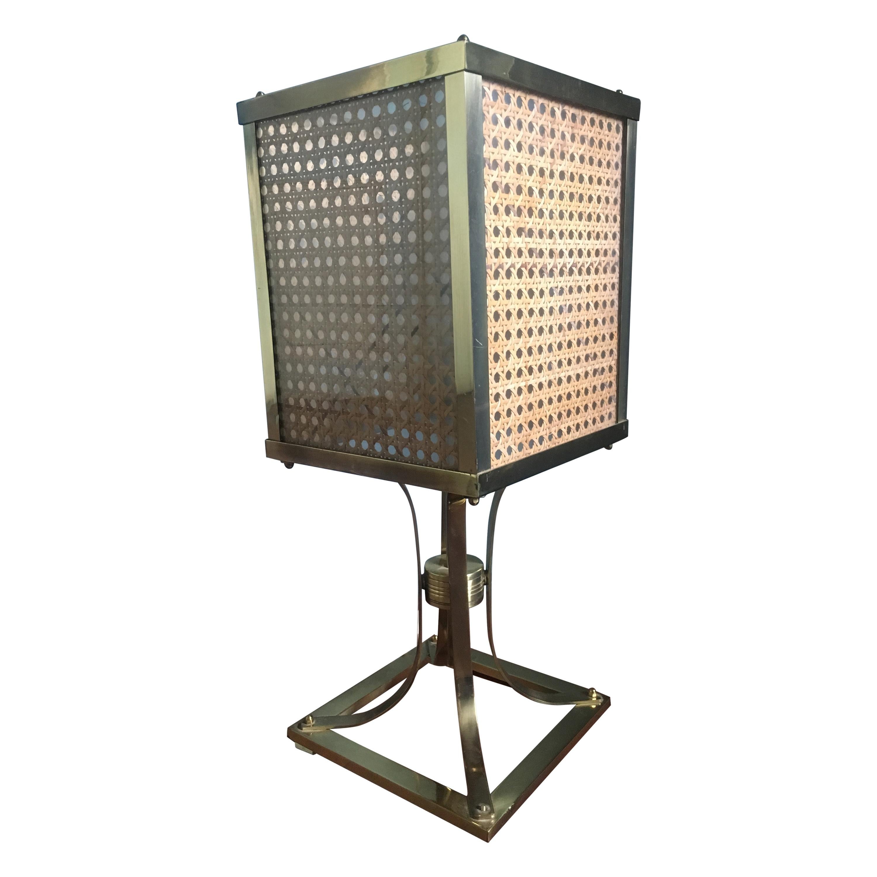 Mid-Century Modern Brass and Straw Table Lamp, 1970s For Sale