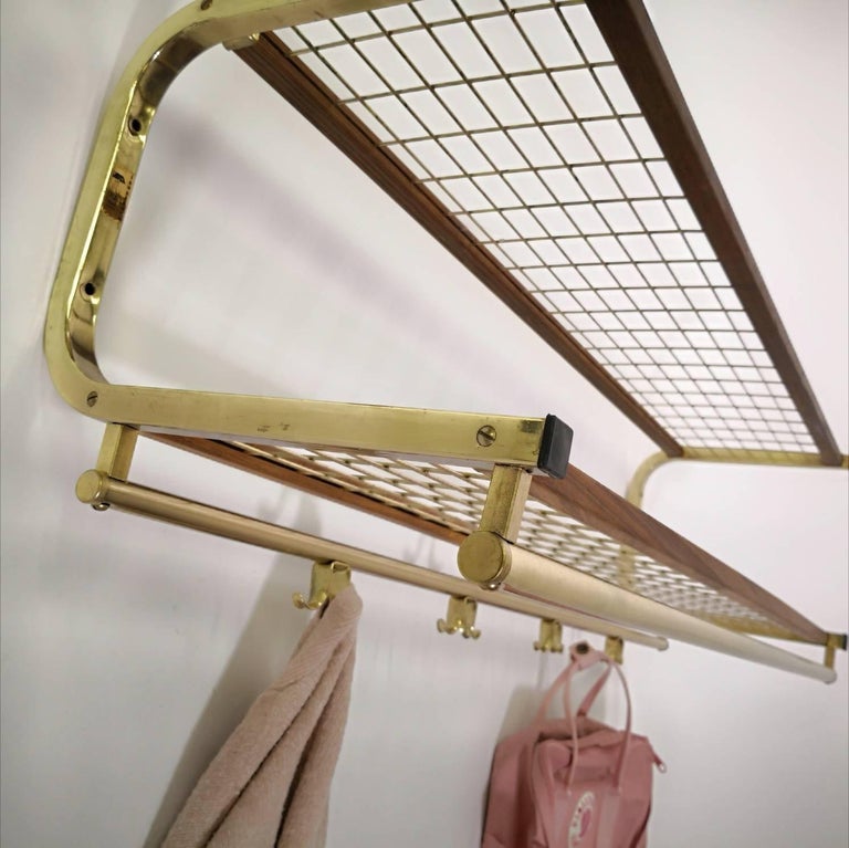 MidCentury Modern Brass and Teak Wall Coat Rack Storage Unit, Vintage
