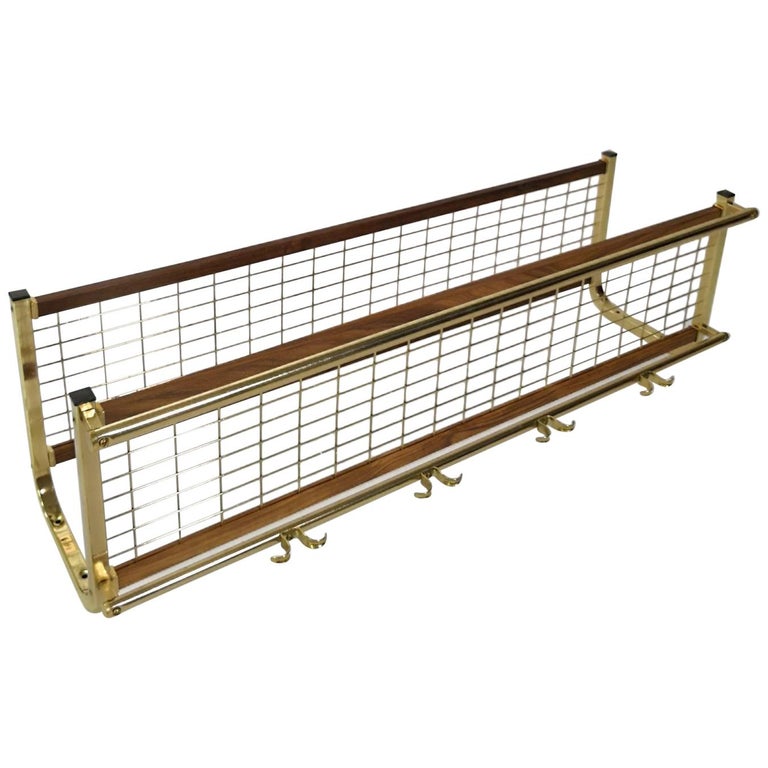MidCentury Modern Brass and Teak Wall Coat Rack Storage Unit, Vintage