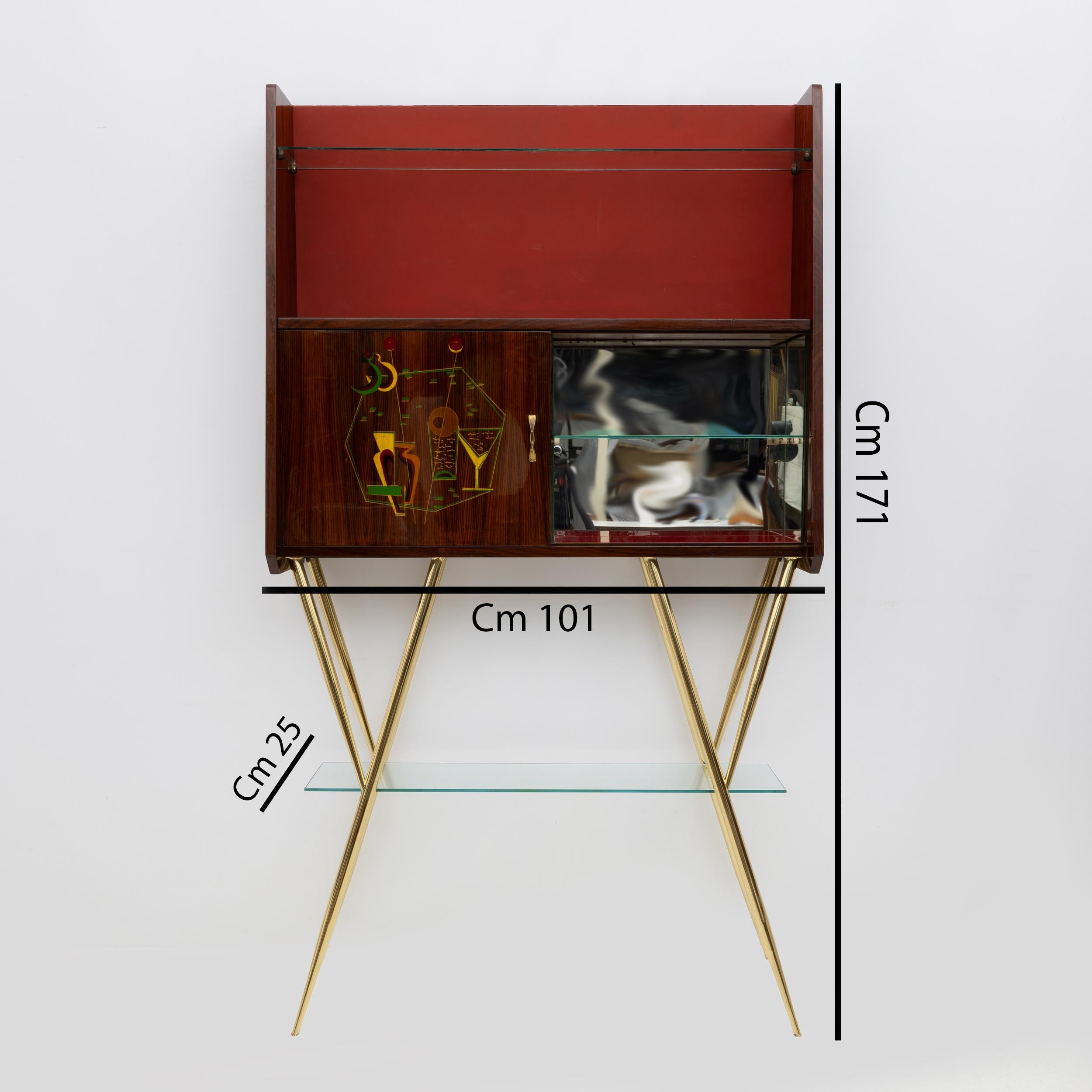 Mobile bar moderno di metà secolo in ottone e noce con 2 sgabelli, Italia, anni '50 In condizioni buone in vendita a Puglia, Puglia
