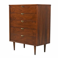 Mid-Century Modern Brass and Walnut Highboy Dresser Chest of Drawers by Bassett